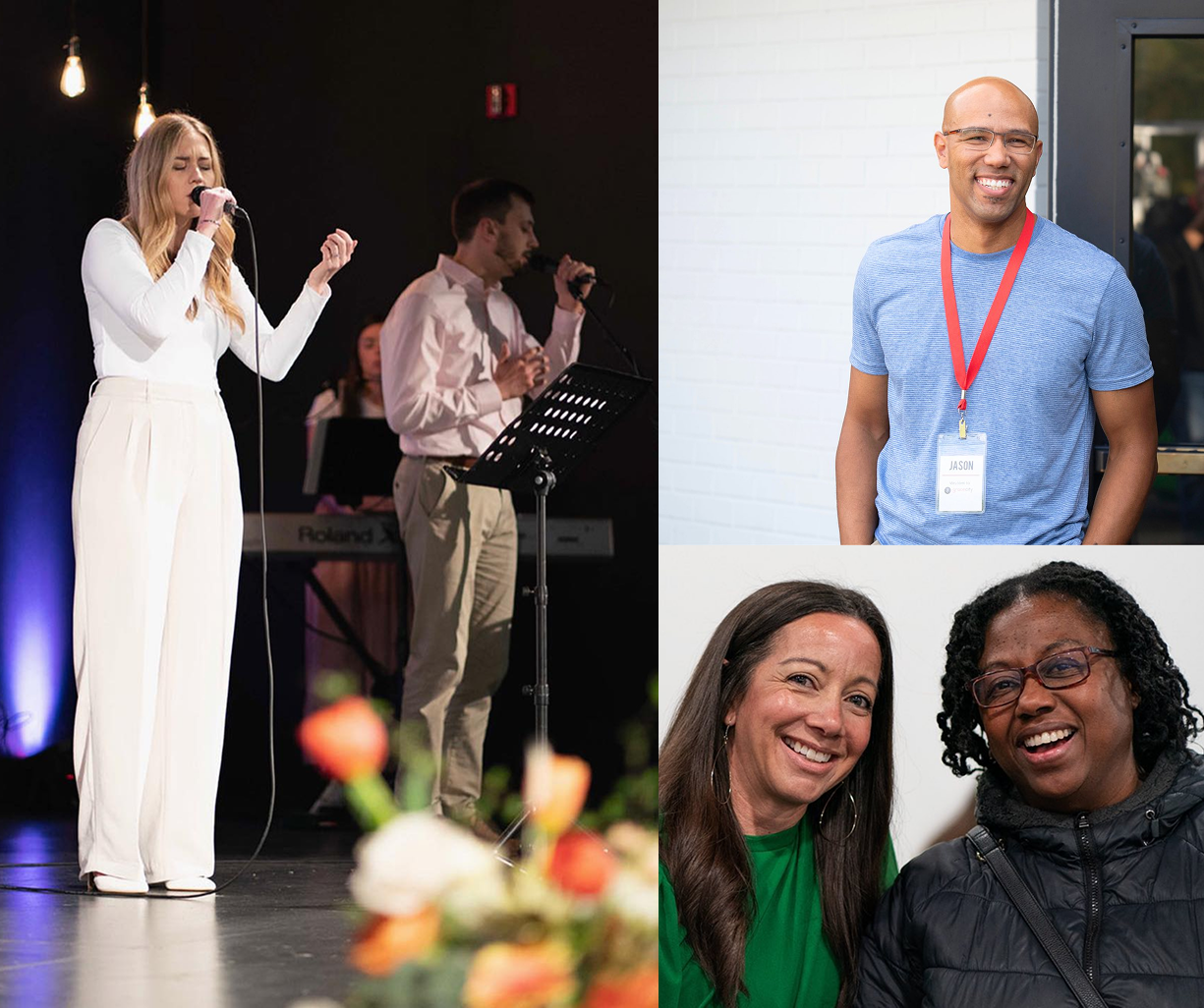 A collage of three photos: the first shows a woman singing on stage with a man playing keyboard and another man holding a microphone; the second shows a smiling man with glasses wearing a blue t-shirt and a name badge outside near a white wall; the third shows two women smiling and standing close together indoors, one with long brown hair wearing a green shirt and the other with curly black hair wearing glasses and a black jacket.