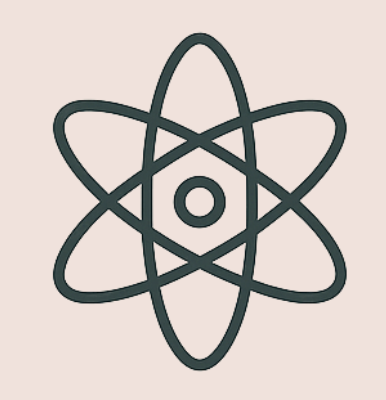 Line drawing of an atom symbol with a central nucleus and orbiting paths, on a light pink background.