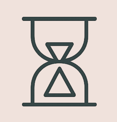 Minimalist black and white hourglass icon on a light beige background.
