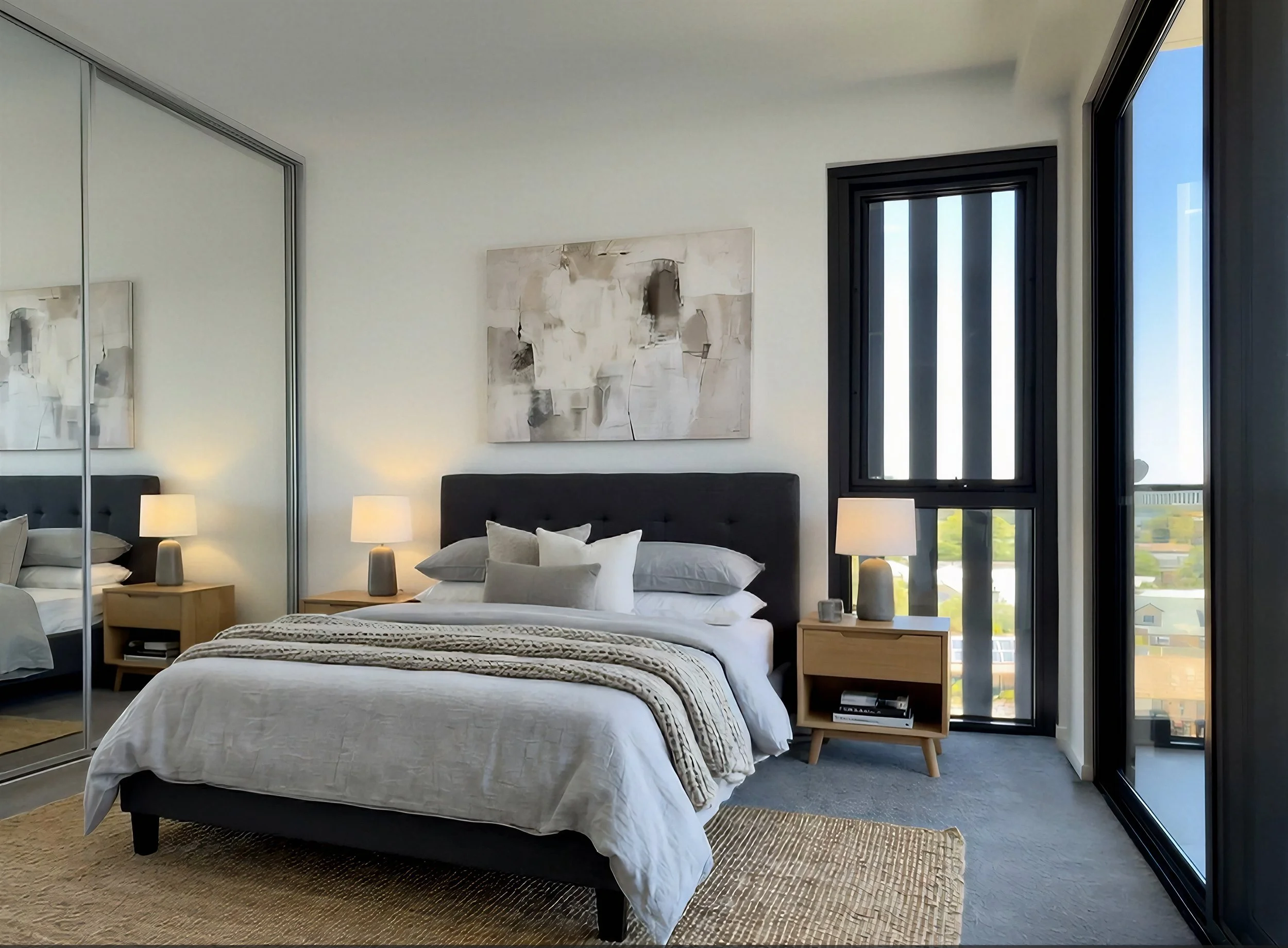 Modern bedroom with a bed featuring gray and white pillows, beige blanket, and white bedding, two wooden nightstands with lamps, abstract artwork above headboard, large windows with black frames, mirrored closet doors, and a woven rug on gray carpet.