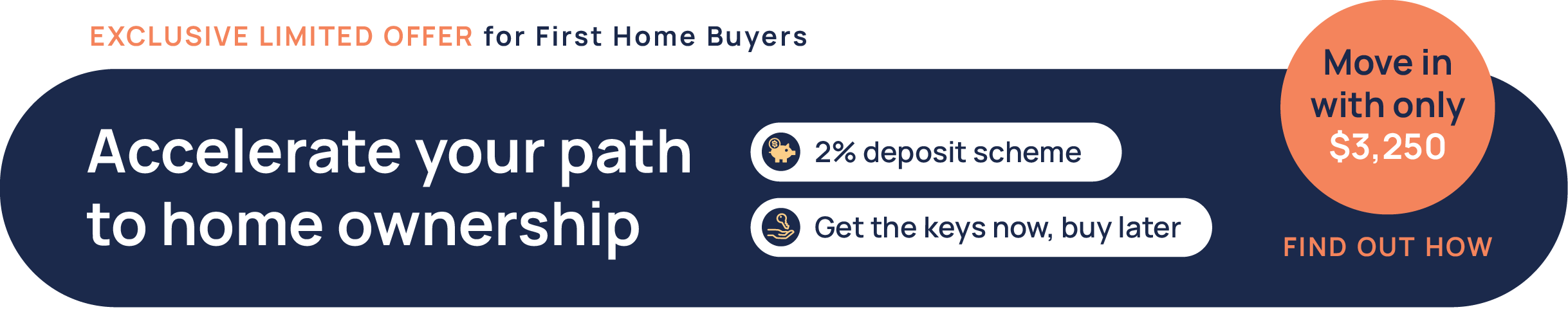Exclusive Limited Offer for First Home Buyers - Accelerate your path to home ownership - 2% deposit scheme - Get the keys now, buy later - Move in with only $3,250