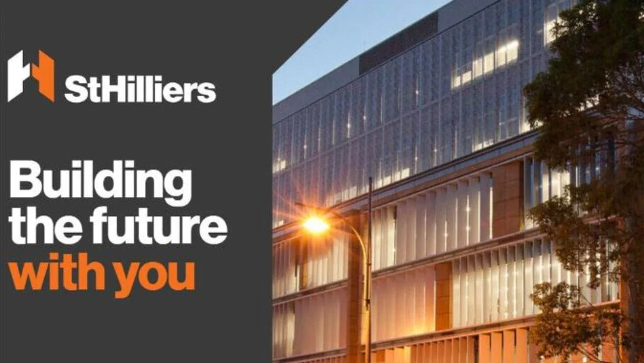Sthilliers logo with the text 'Building the future with you' next to a modern glass building at dusk