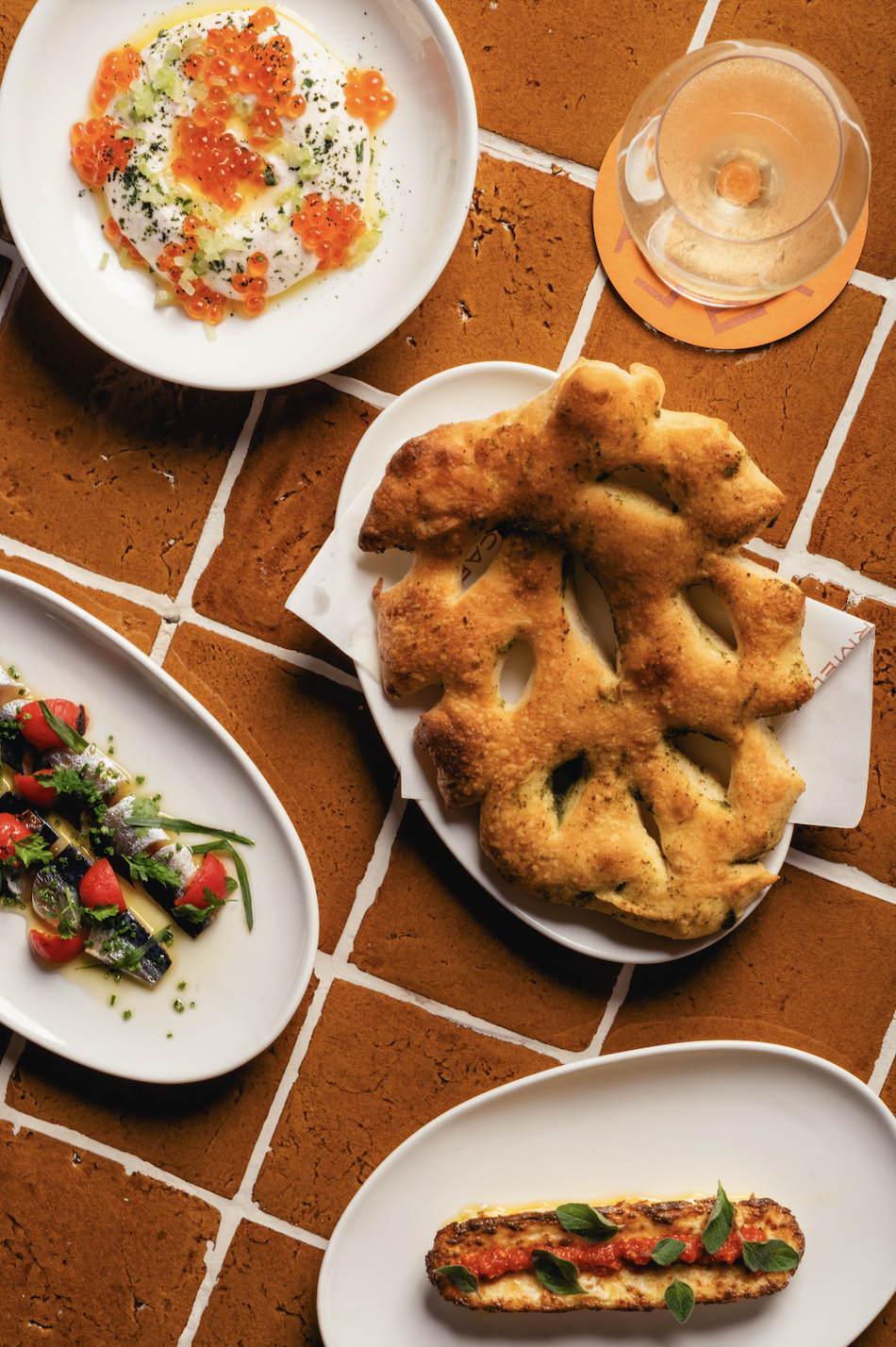 mediterranean food, bread, wine, happy hour