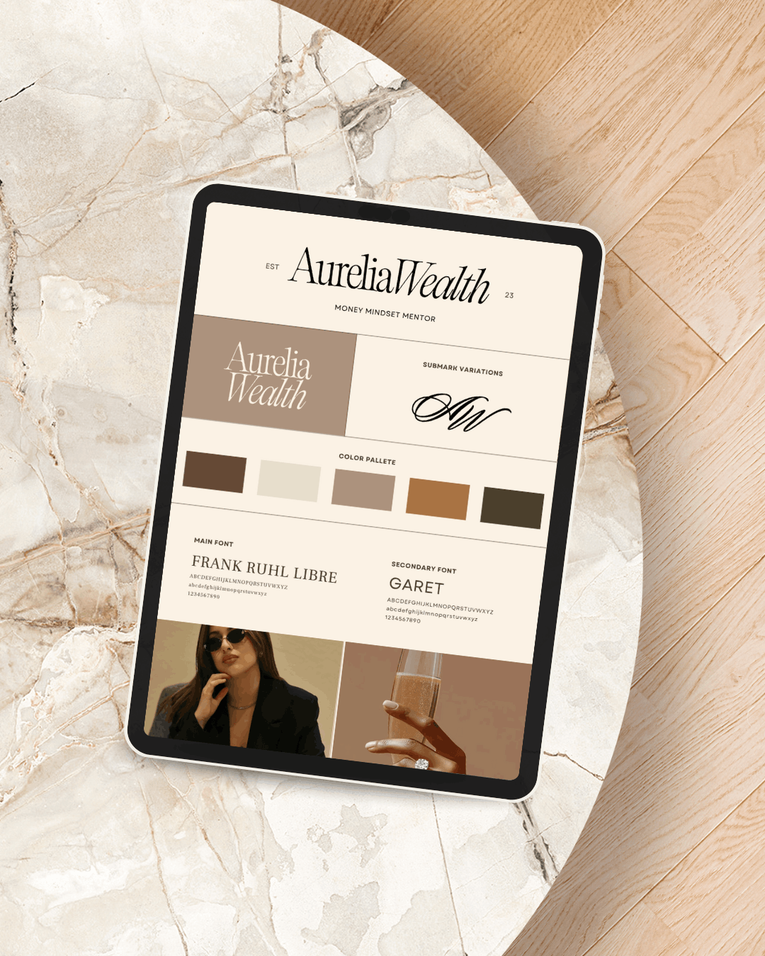 A digital presentation or mood board on a tablet featuring the brand Aurora Wealth, with color palette swatches, font styles, and images of a woman in sunglasses and a hand holding a drink.