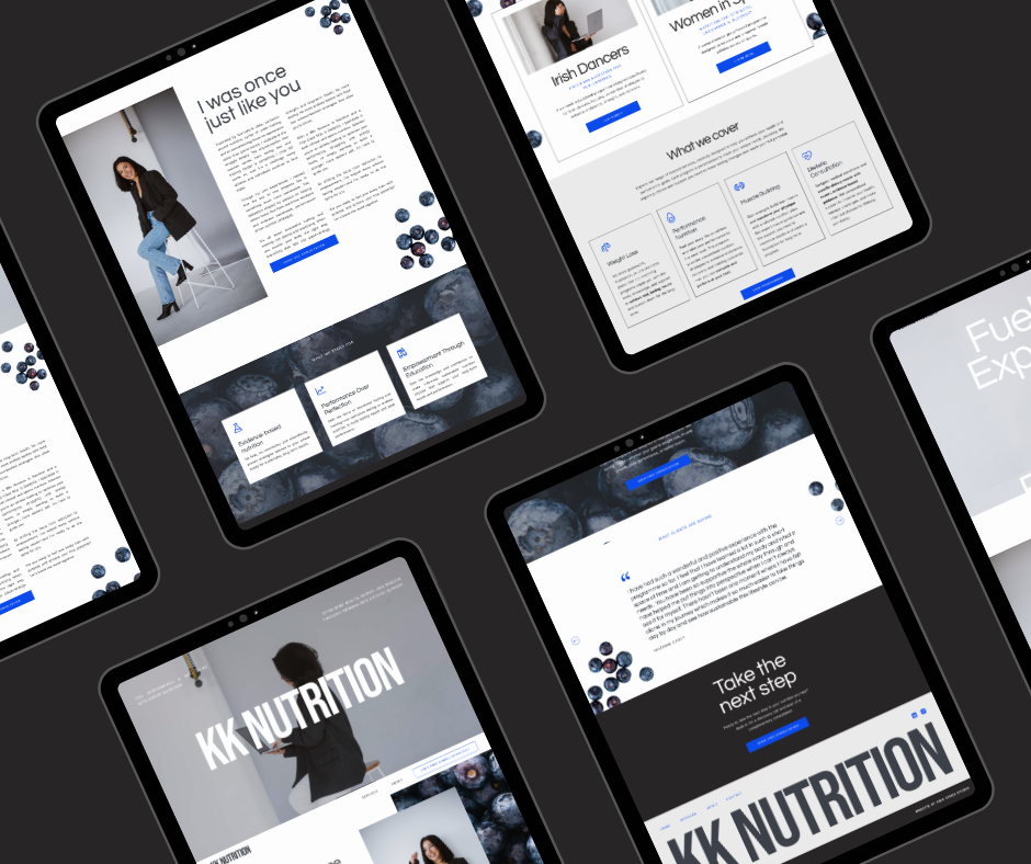 Multiple tablets displaying a website design for KK Nutrition, including images of a woman sitting on a stool, blueberry graphics, and sections about services and next steps, arranged on a black surface.