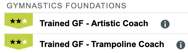 List of gymnastics foundations with training qualifications for artistic coach and trampoline coach, each marked with green badges and star ratings.