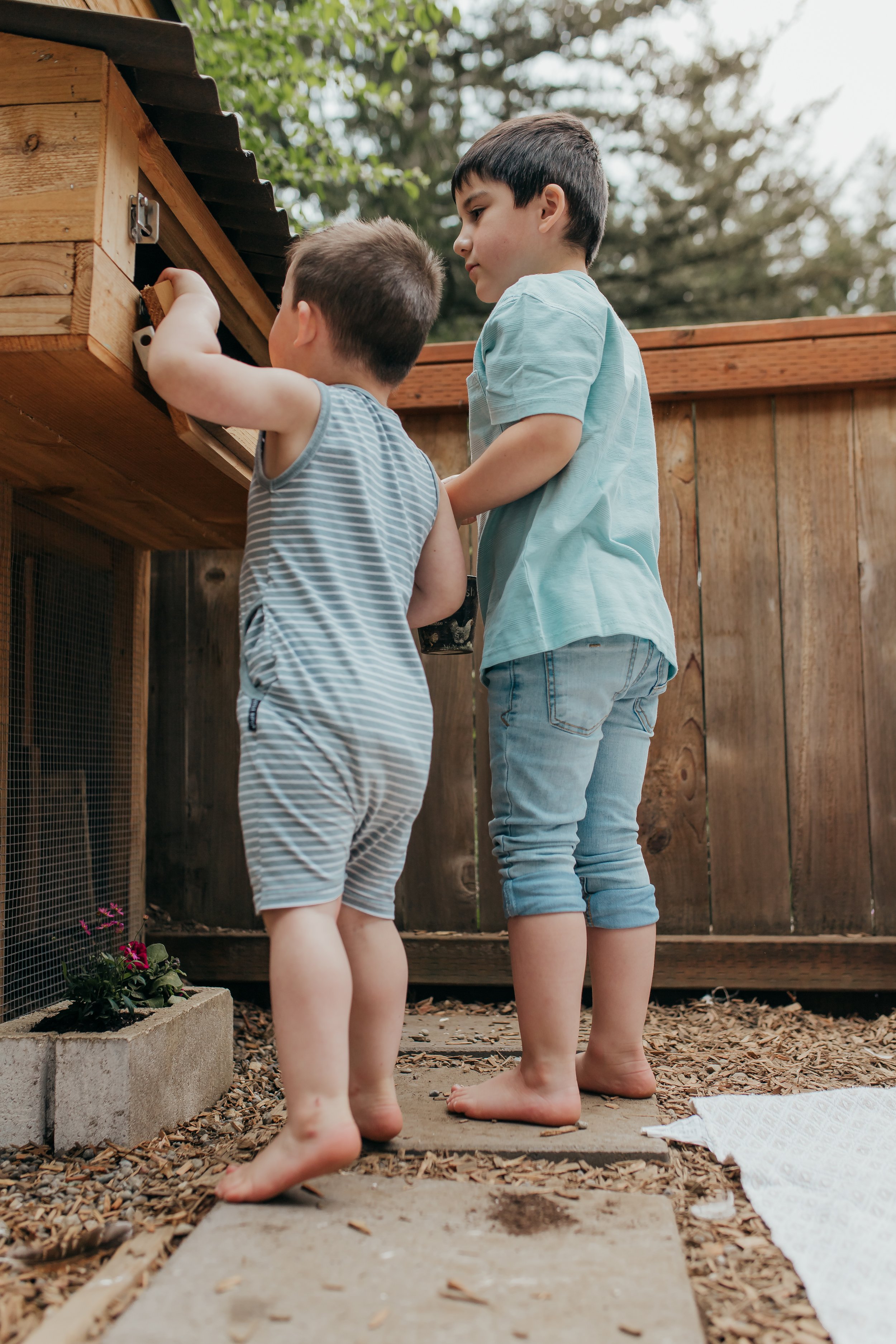 Two young boys, one in striped pajamas and the other in a light blue T-shirt and rolled-up jeans, are barefoot and standing outside next to a wooden shed. The taller boy is showing something in a small open door on the shed while the younger boy look