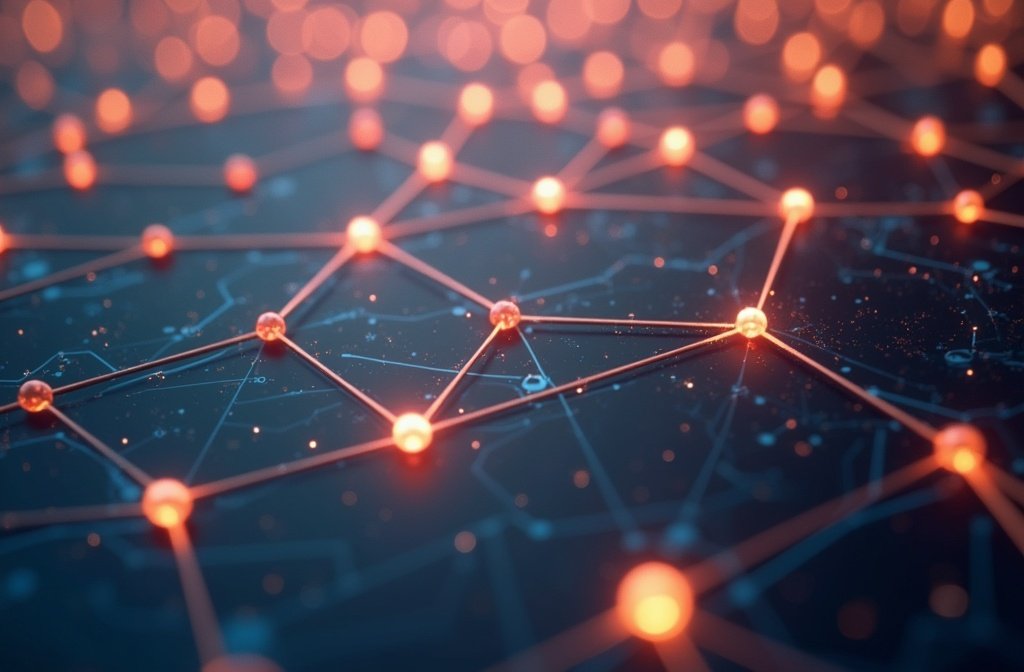 Digital network of glowing orange nodes connected by lines on a dark background.