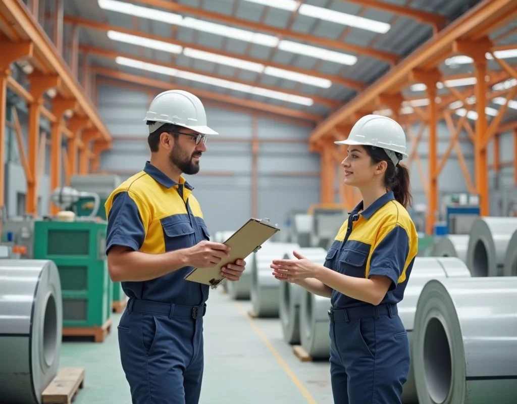 Two factory workers, a man and a woman, wearing safety helmets and work uniforms, are having a discussion inside a manufacturing plant with large machinery and metal coils.