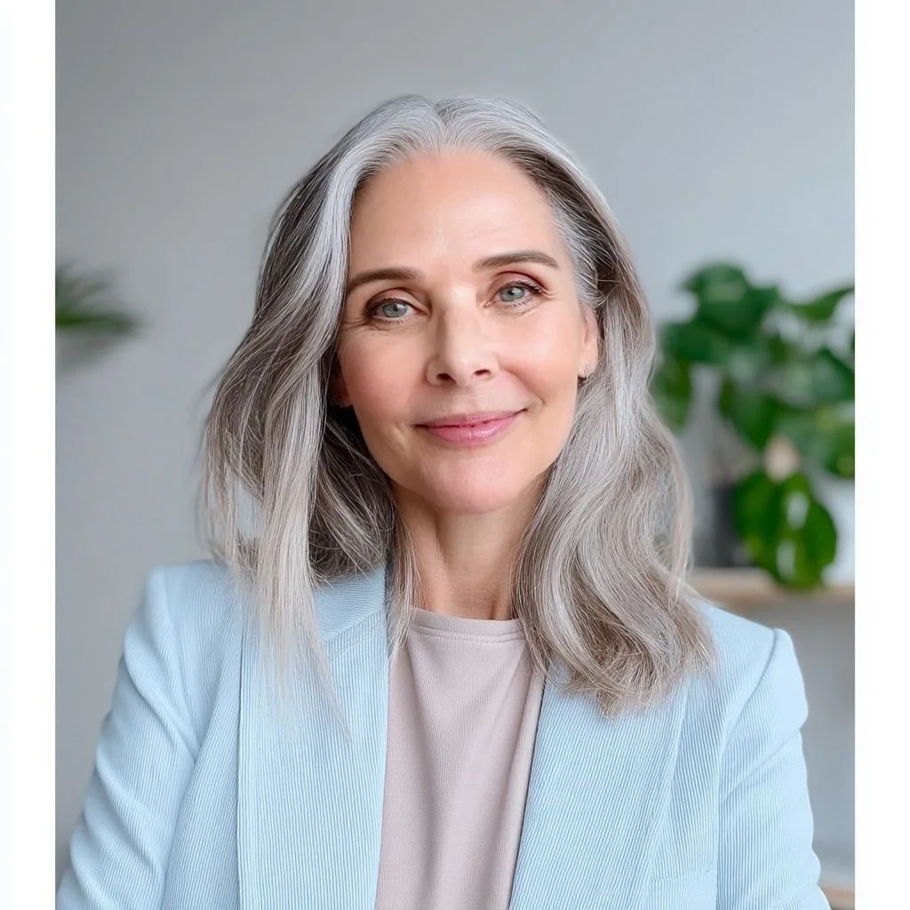 A portrait of a mature woman with gray hair, smiling, in a light blue blazer and beige shirt, with a blurred background of green plants.