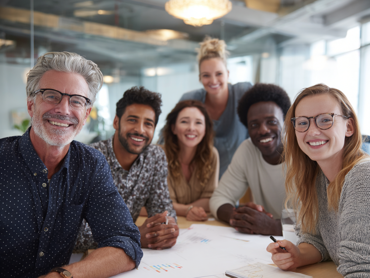 A diverse group of six people smiling and sitting around a table with papers and a glass of water, in a modern office setting.
