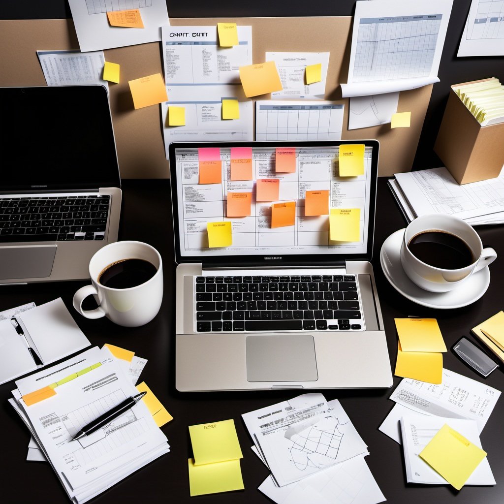 A cluttered office desk with two laptops, two cups of coffee, various paperwork, sticky notes, and office supplies.