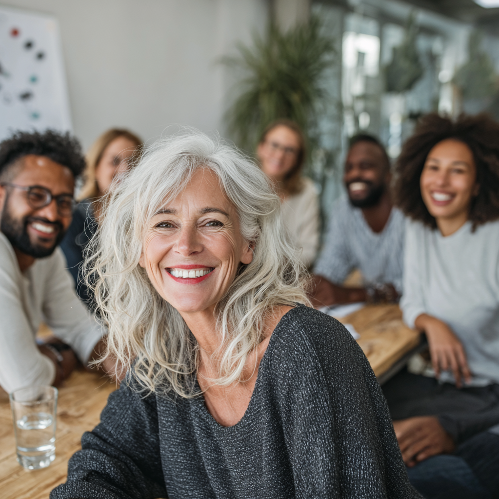A group of diverse people sitting around a table, smiling and looking at the camera, with a woman with gray hair in the foreground.