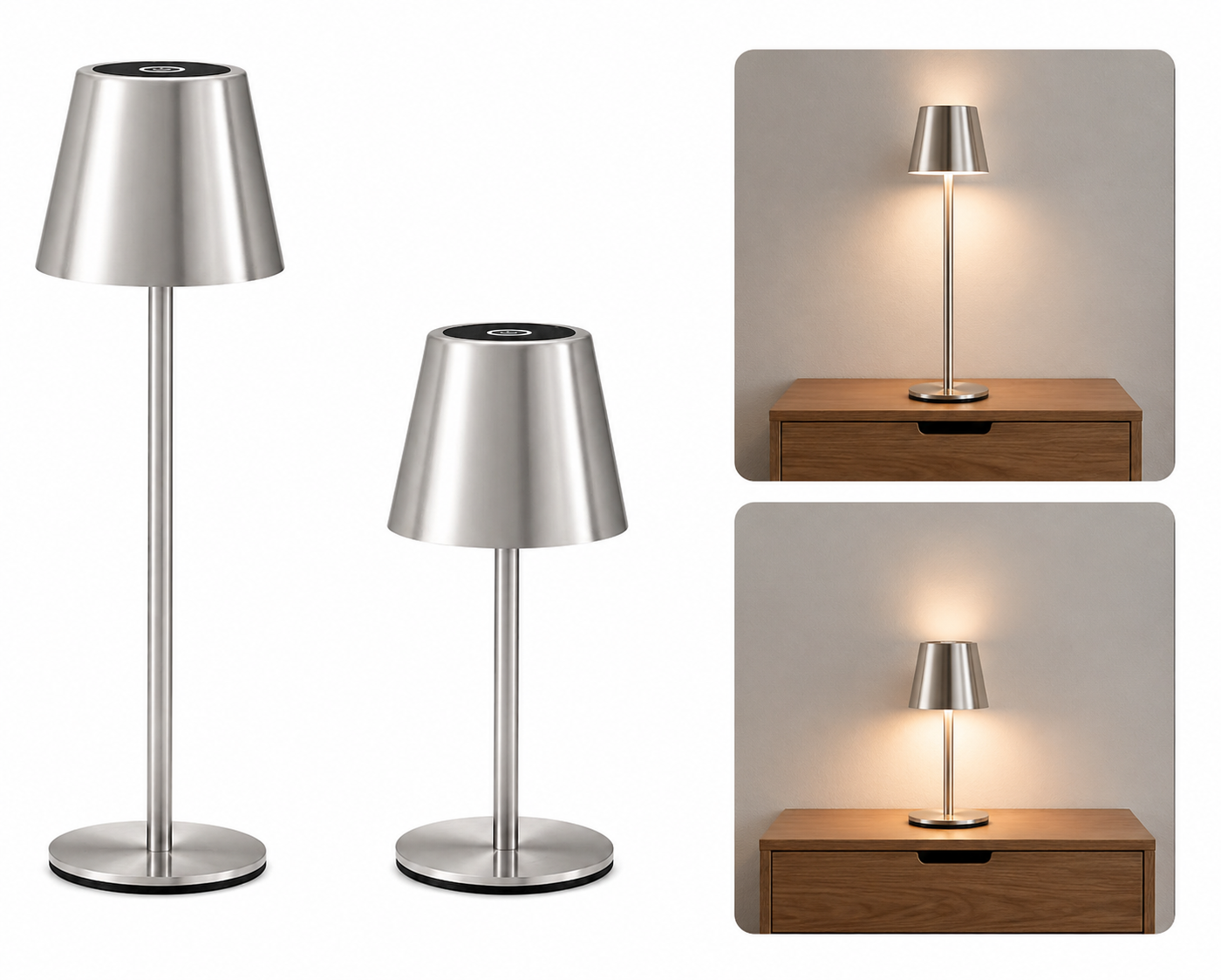 Brushed Silver: Adjustable Height
Medium:15"
Small: 9"