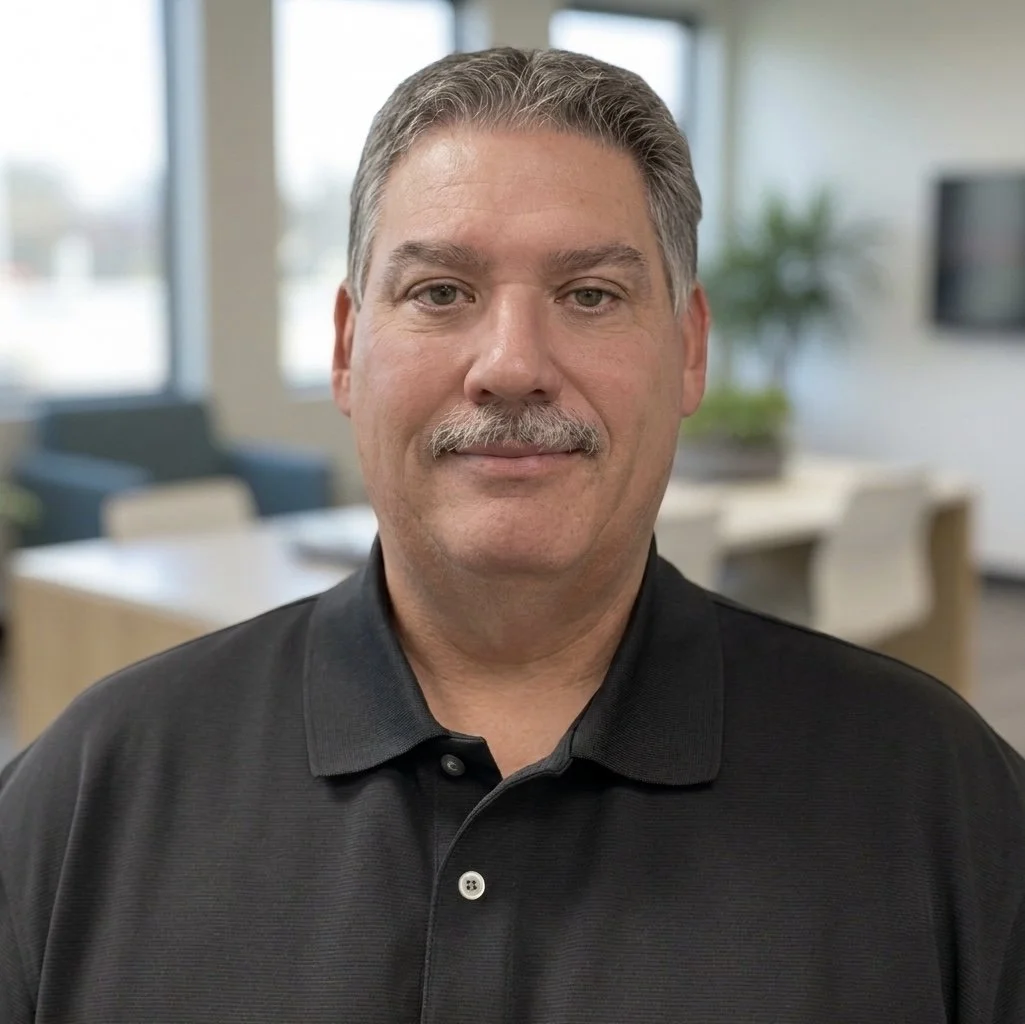 A man with gray hair and a mustache, wearing a black polo shirt, standing in an office with a blurred background.