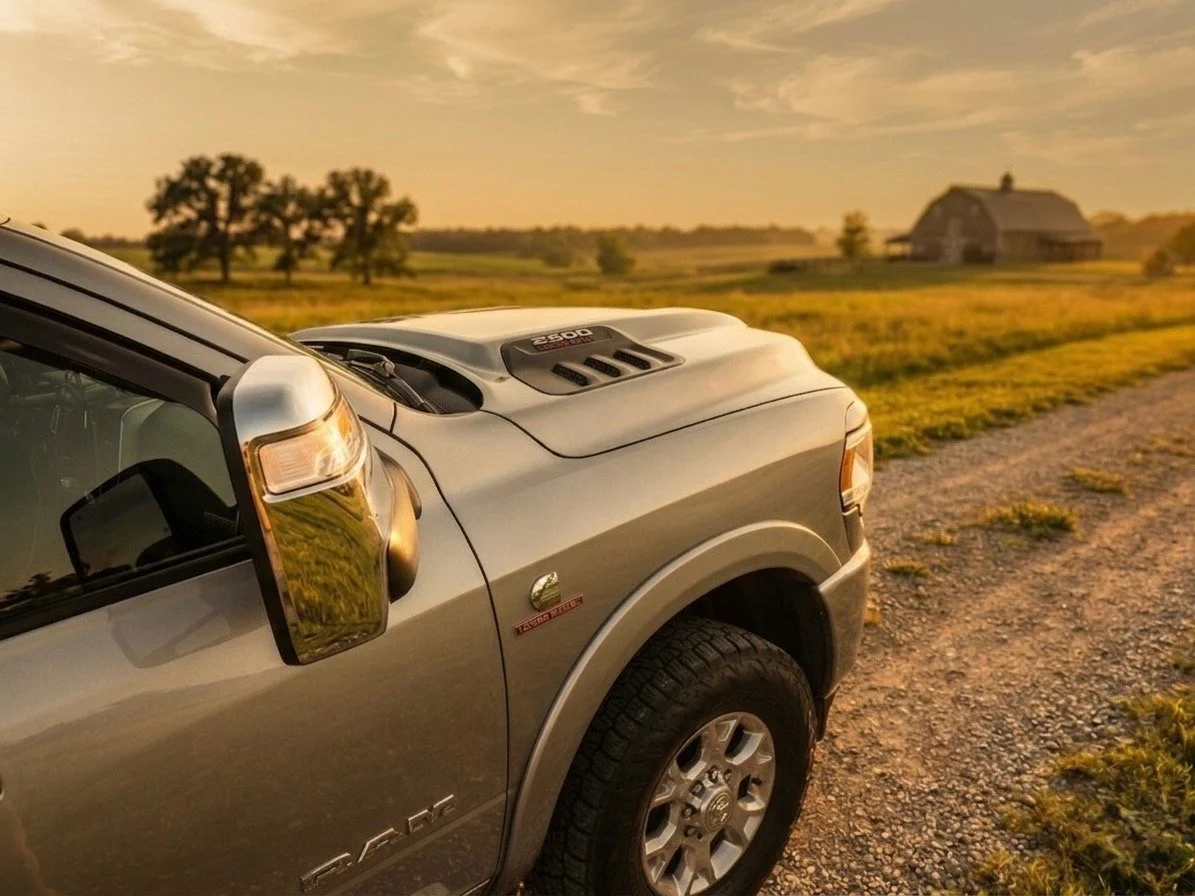 A silver pickup truck parked on a dirt road with a rural farm landscape and barn in the background during sunset.
