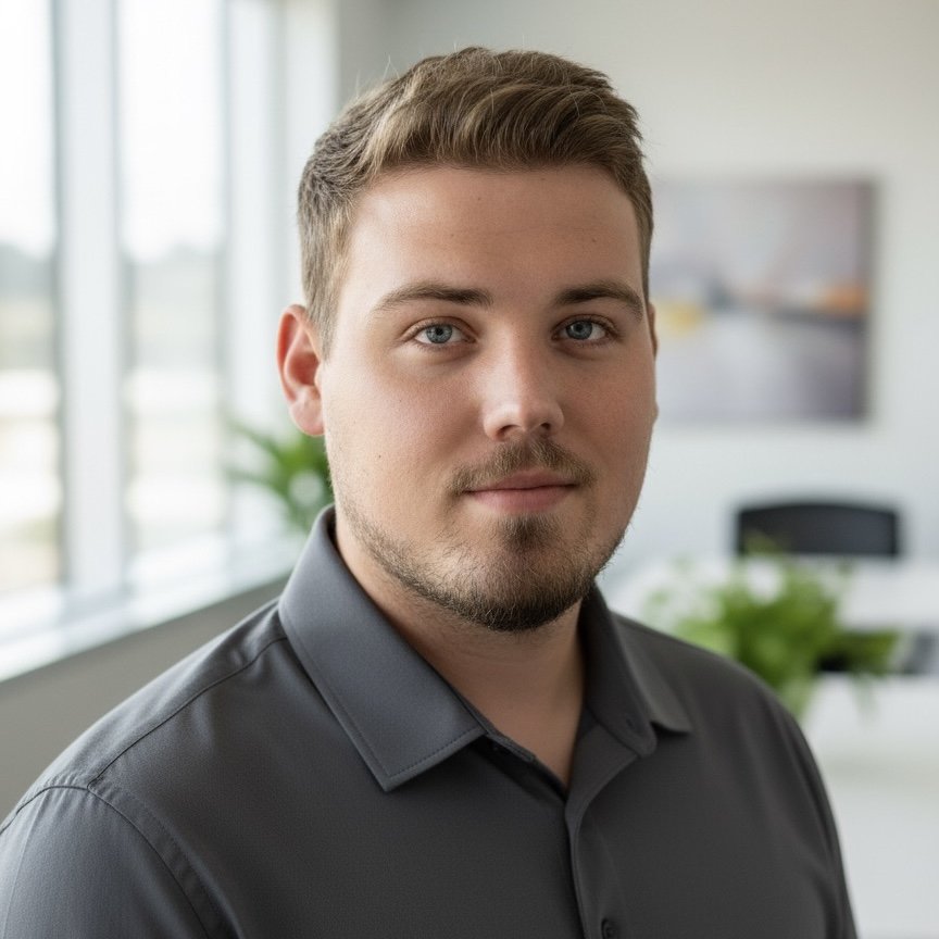 A young man with short, light brown hair, blue eyes, and a beard, wearing a dark gray button-up shirt, standing in a modern office with large windows and a blurred background of office furniture and plants.