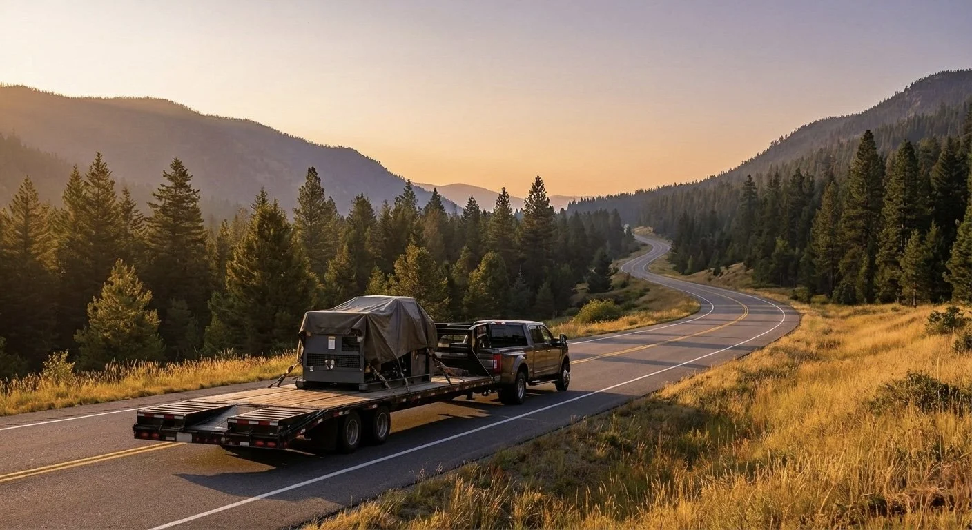 A black pickup truck pulling a flatbed trailer with a covered object on it, driving on a winding mountain road surrounded by pine trees at sunset.