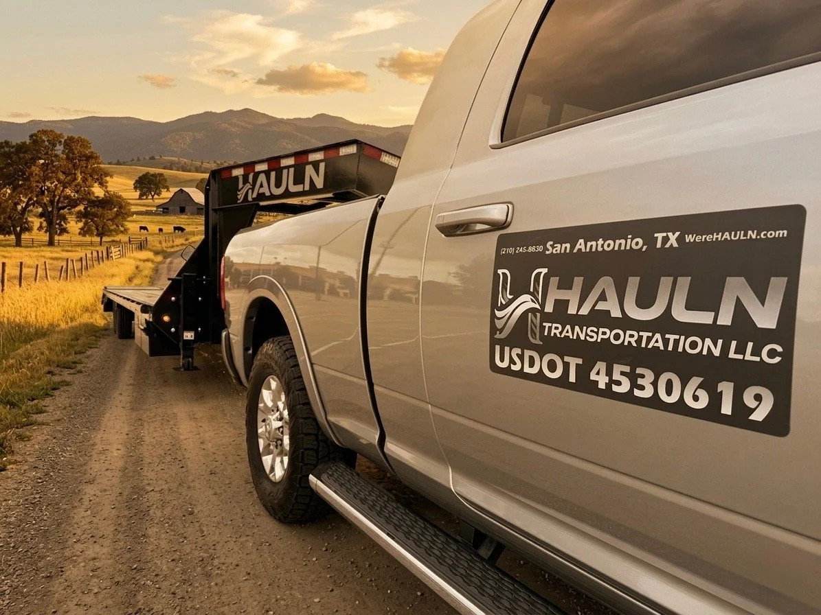 Silver pickup truck with a flatbed trailer parked on a dirt road in a rural area with fields, trees, and hills in the background during sunset.