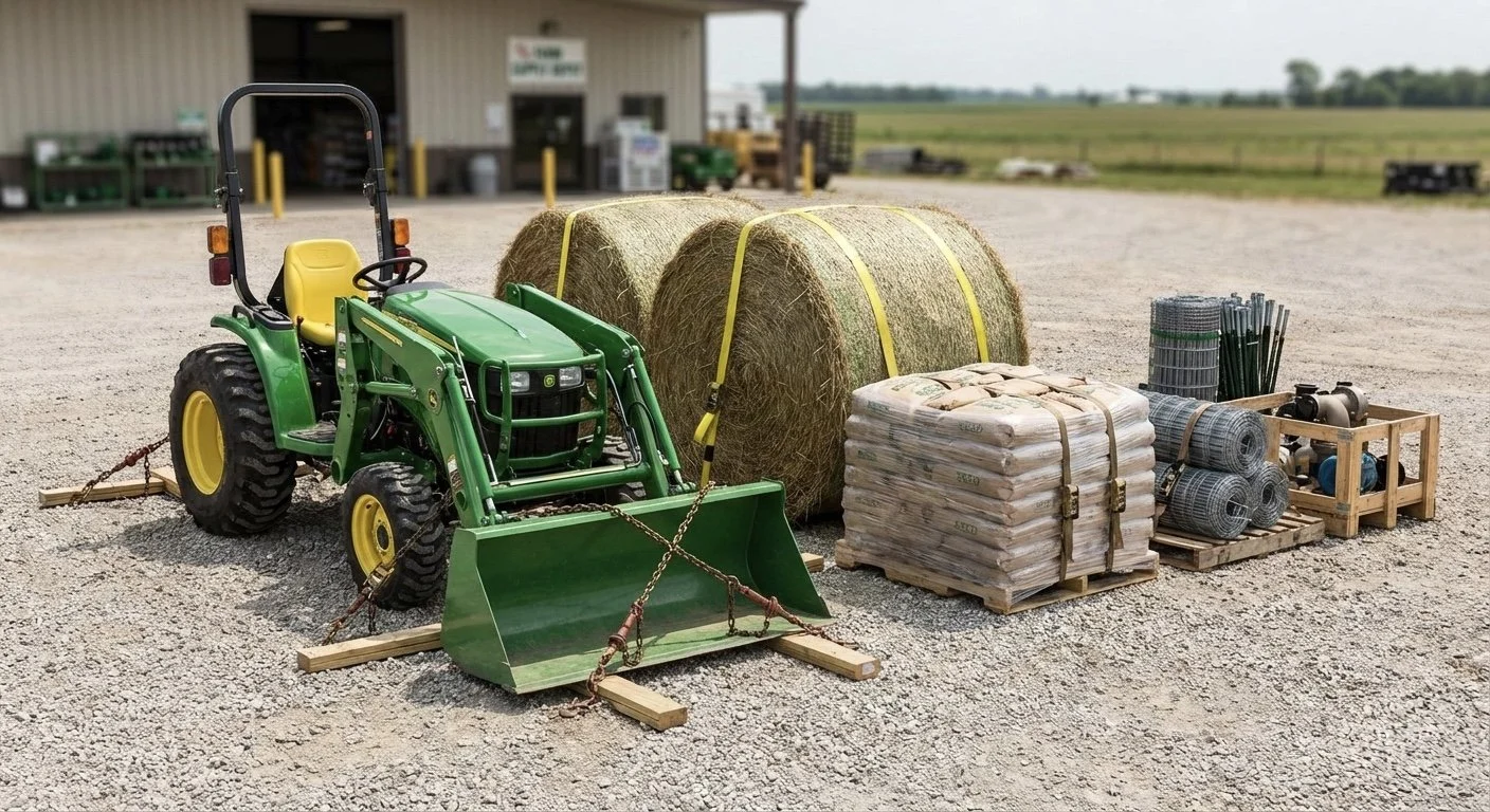 A green John Deere tractor with a front loader attachment parked in front of a storage building. Next to the tractor are large hay bales, packaged bags of fertilizer or seed, rolled wire fencing, and various metal stakes and garden supplies on pallets and in wooden crates on a gravel lot.