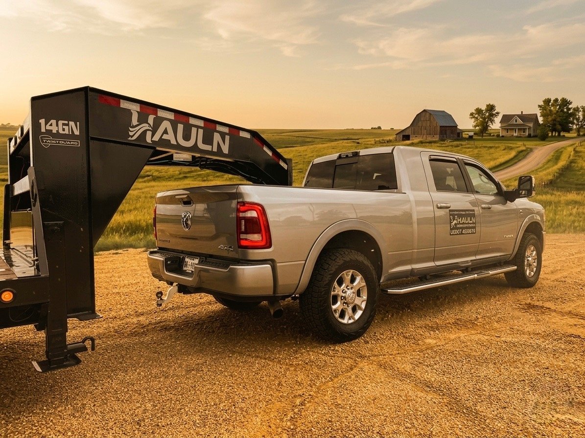 A silver pickup truck with a HaulN trailer hitch parked on a dirt road in a rural area during sunset.