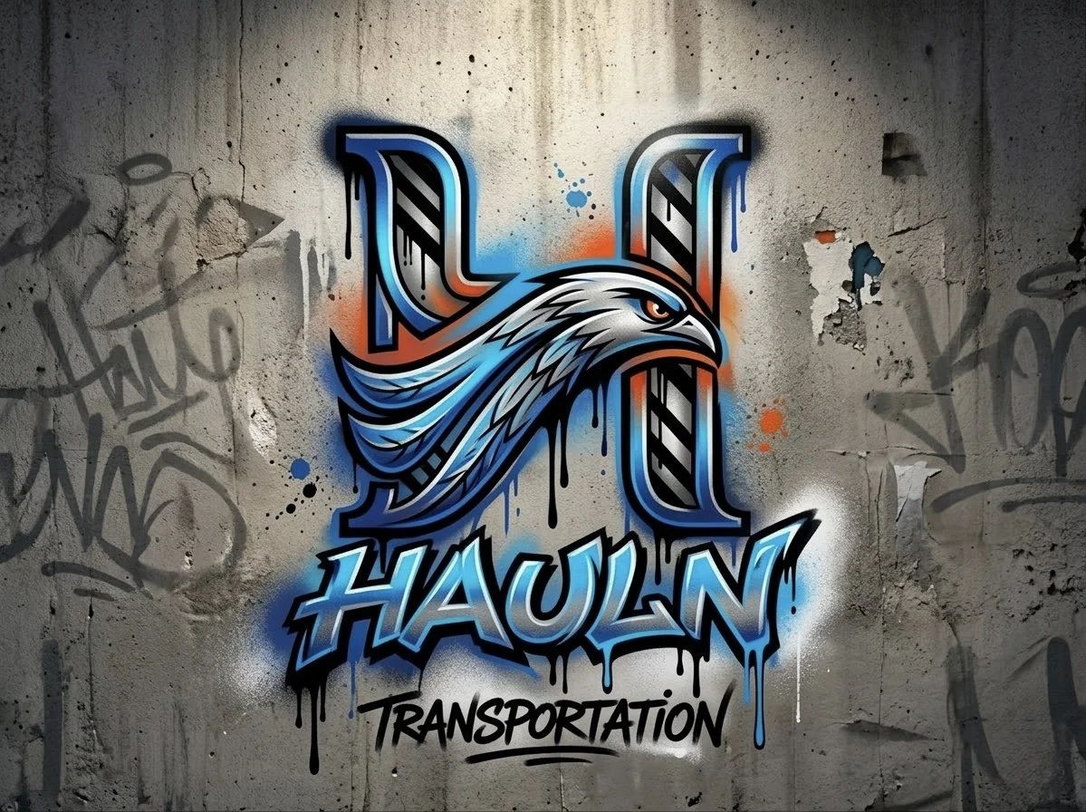 Graffiti-style art on a wall featuring an eagle with flowing feathers and stylized letters spelling 'Haulin' with the word 'Transportation' below.