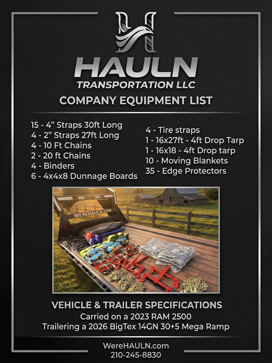 Company equipment list and vehicle specifications for Hauln Transportation LLC, including straps, chains, binders, boards, tarps, blankets, and edge protectors, with an image of truck bed gear and trailer details.