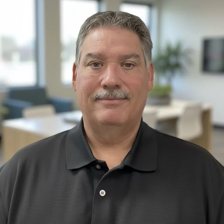 A middle-aged man with gray hair and a mustache, wearing a black polo shirt, standing in an office with large windows and blurred background furniture.
