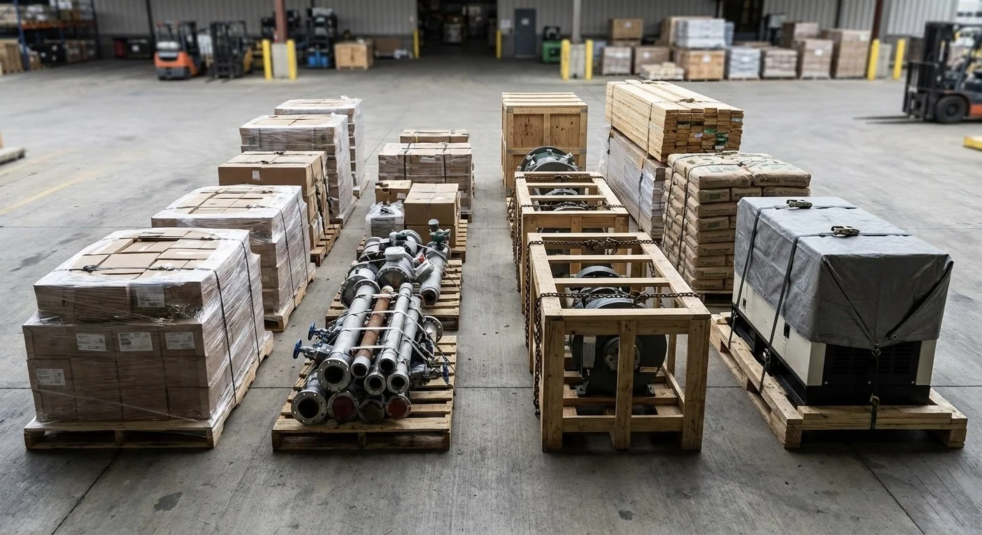Pallets of boxes, metal pipes, and industrial equipment in a warehouse parking lot.