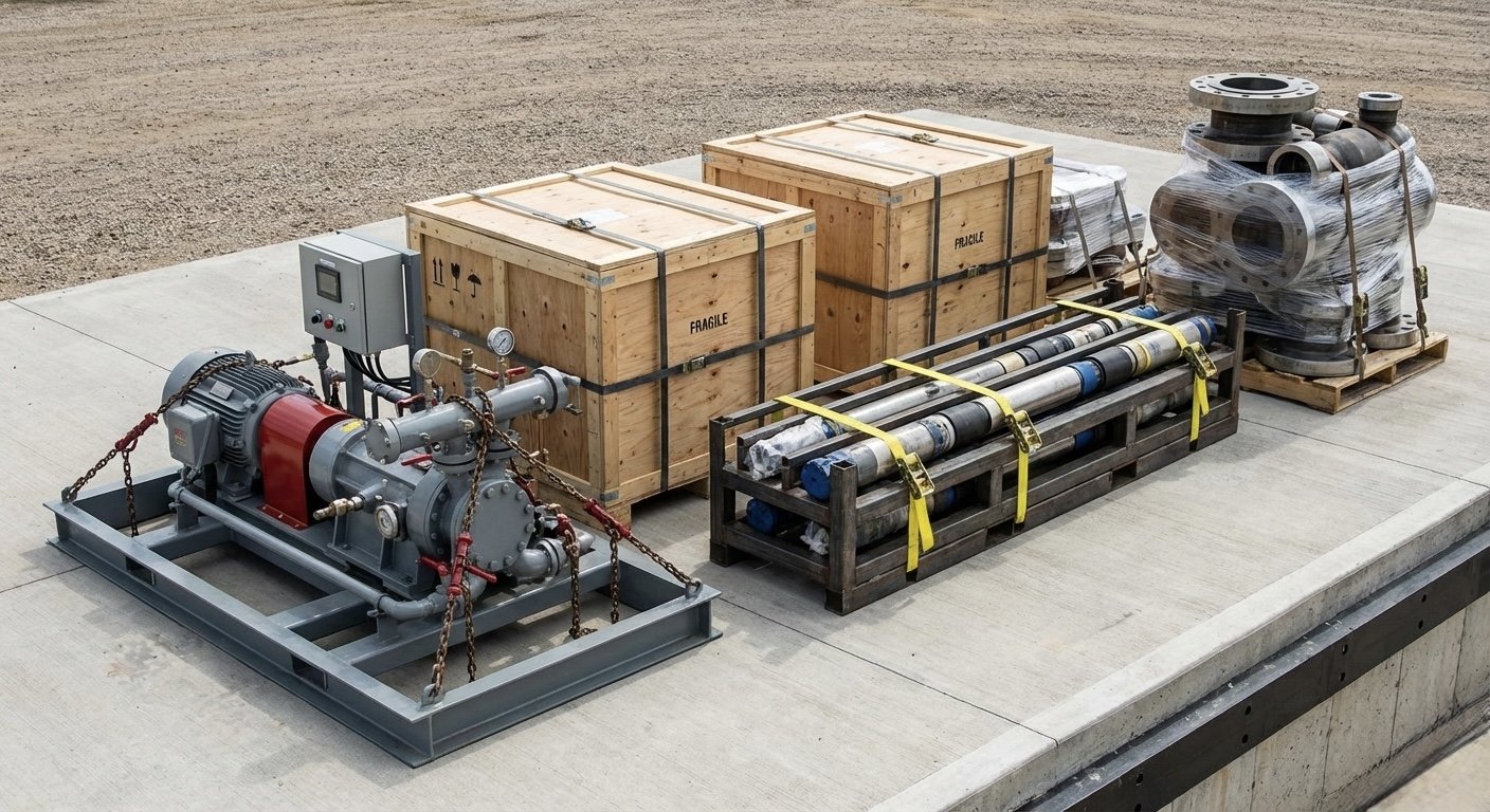 Industrial equipment on a concrete surface, including a motor and pump, wooden crates labeled fragile, metal pipes secured with straps, and machinery wrapped in plastic on a pallet.