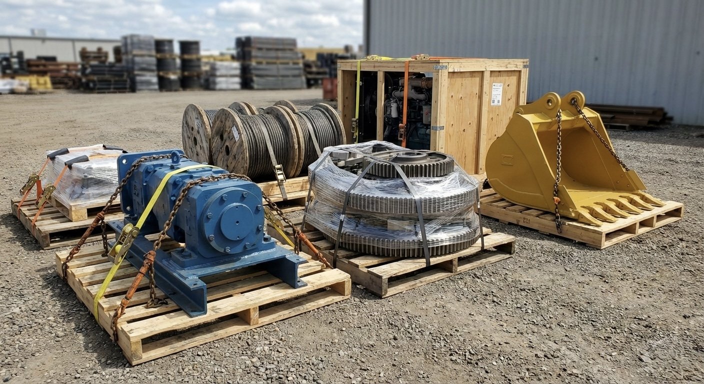 Various heavy construction equipment parts and tools on wooden pallets outdoors, including large gears, a blue mechanical component, yellow excavator bucket, and metal spools.