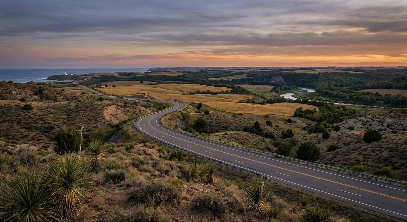 A winding coastal highway runs through a hilly landscape with sparse desert vegetation, leading towards the ocean with cliffs and a lighthouse in the distance, during a sunset with colorful skies.