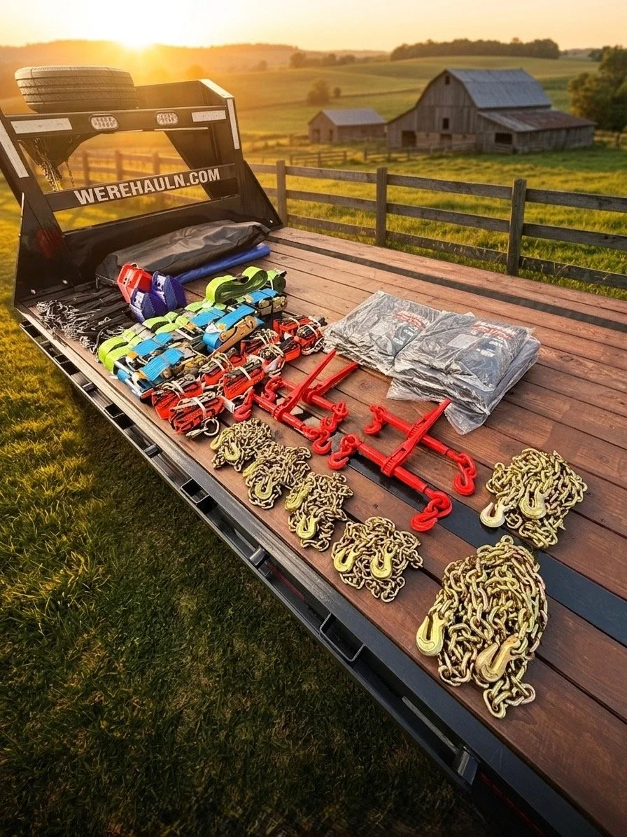An open truck bed with various towing and climbing gear on a rural farm, with barns and fields in the background during sunset.