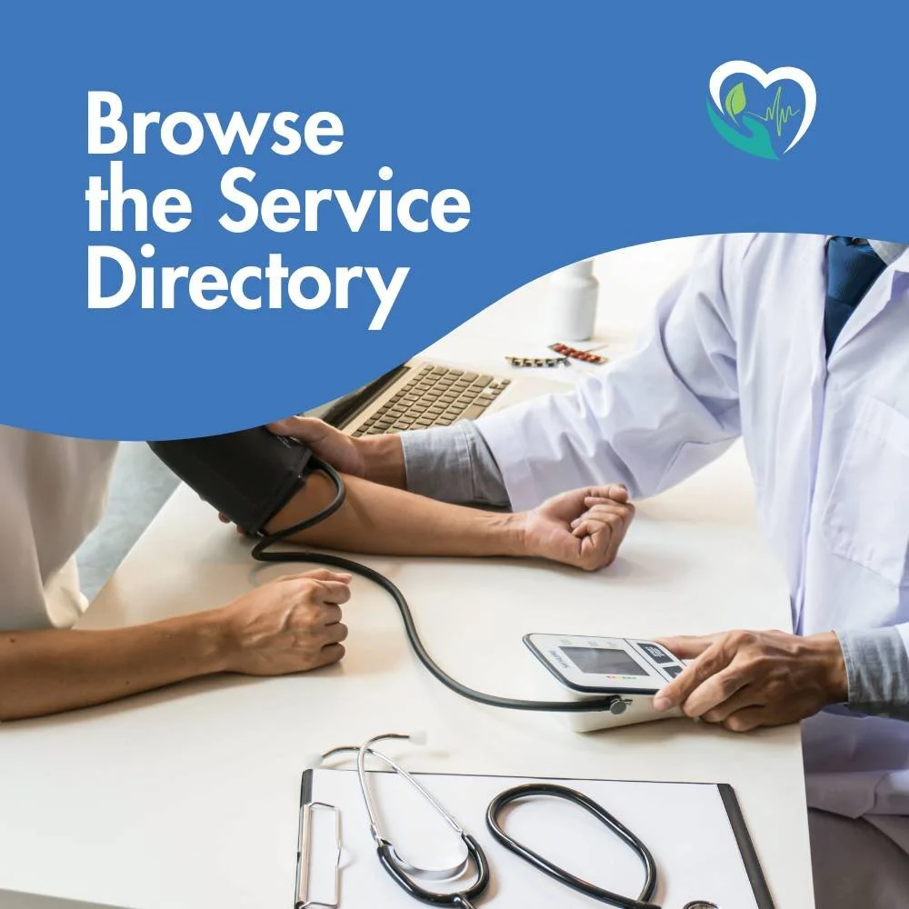 A healthcare professional taking a patient's blood pressure during a consultation, with medical tools and a laptop on the table. Text overlay says 'Browse the Service Directory' and includes a health-related logo.