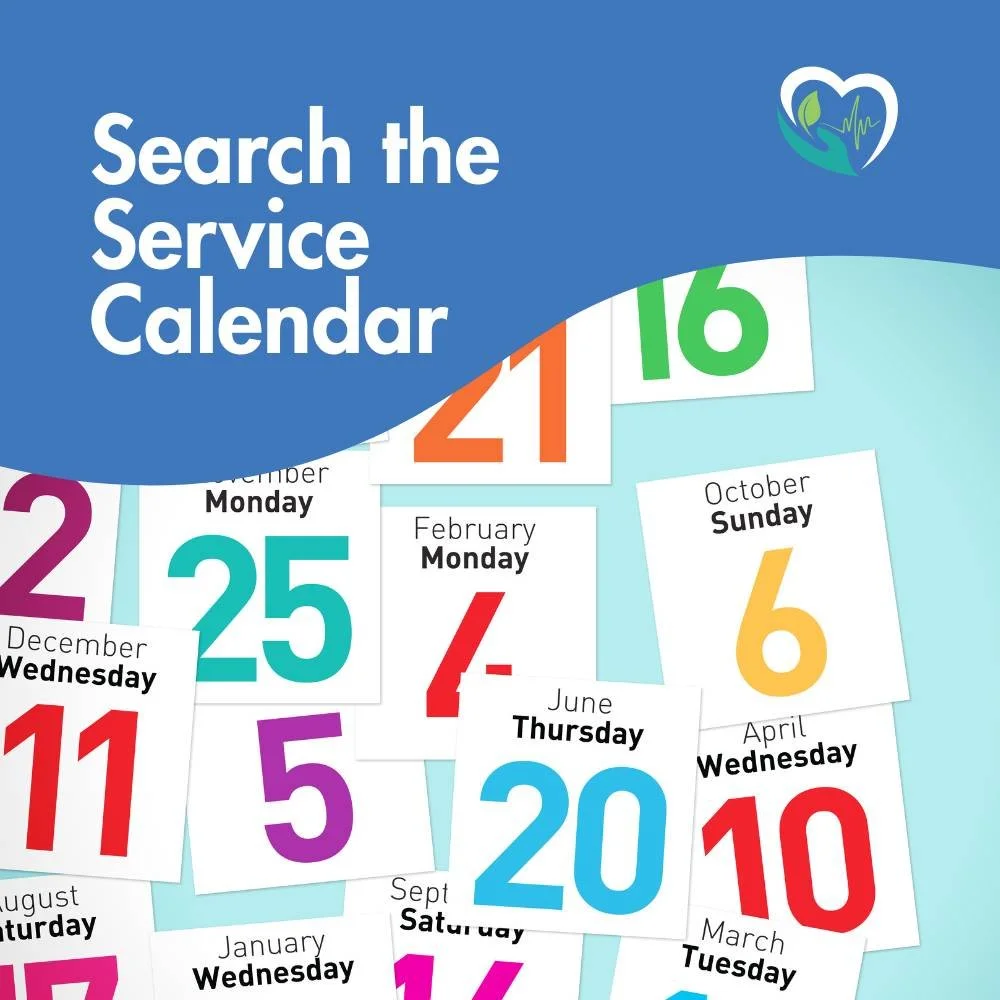 A calendar with dates from different months, featuring days and months labeled, and a medical or health service theme symbol in the top right corner.