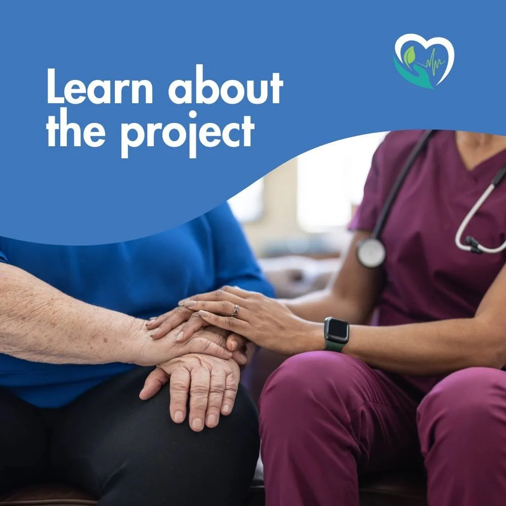 A healthcare professional in maroon scrubs and a smartwatch holding hands with an elderly patient in a blue shirt, with a healthcare logo in the top right corner.
