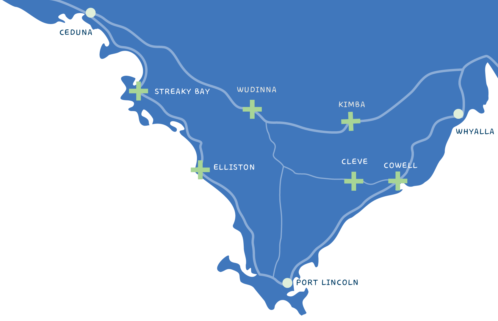 Map of Eyre Peninsula highlighting key towns and features including Ceduna, Whyalla, Port Lincoln, Cowell, Cleve, Elliston, Wudinna, Streaky Bay and Kimba.
