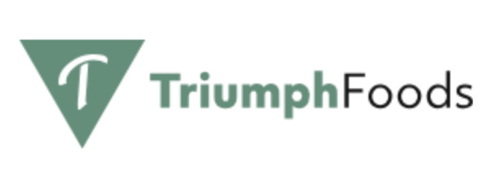 Triumph Foods logo with a green triangle containing a white cursive 'T' and the words 'Triumph Foods' in green and black text.