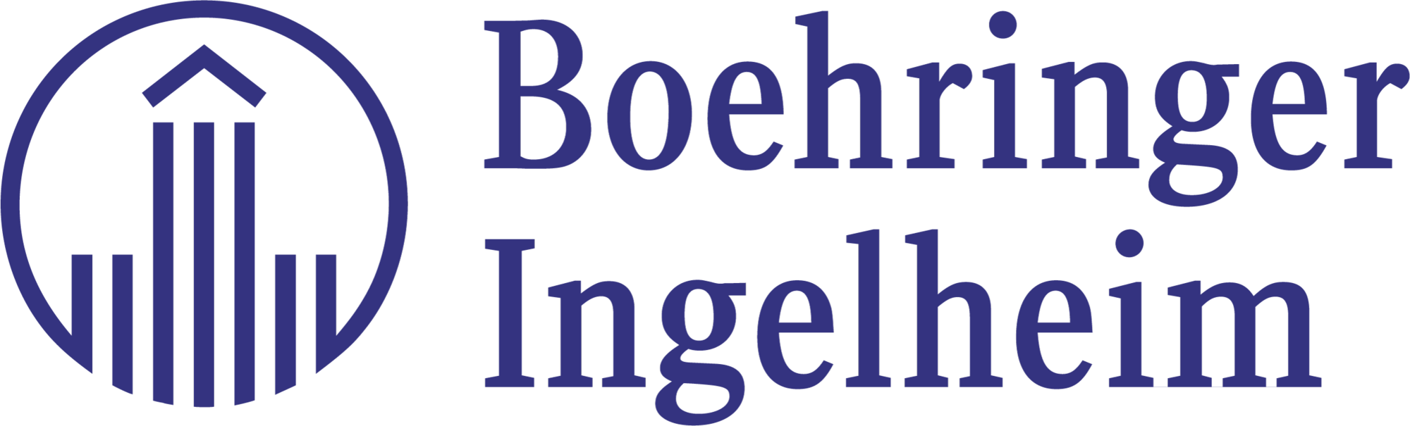 Logo of Boehringer Ingelheim featuring a circular emblem with vertical lines and an upward arrow, alongside the company's name.