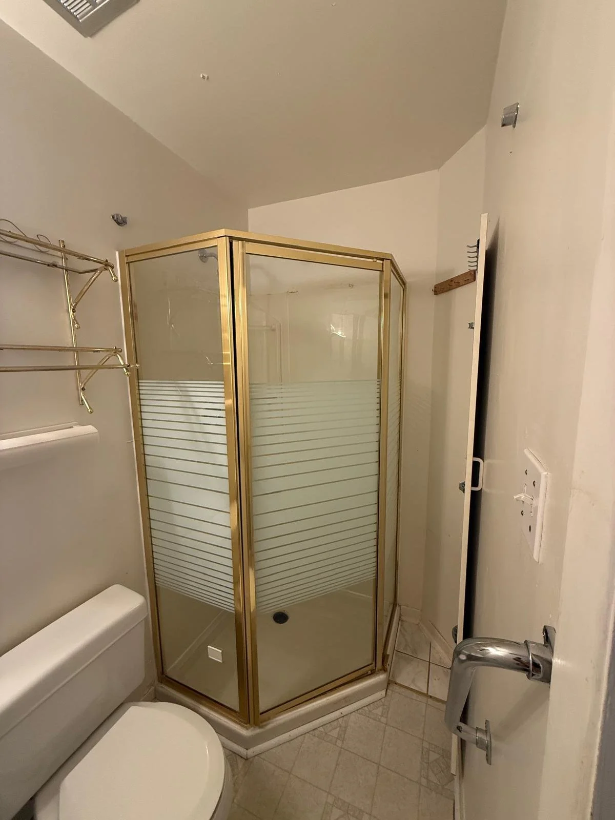 Small bathroom with a corner shower stall with gold framing, a toilet, a wall-mounted towel rack, and a door on the right side.