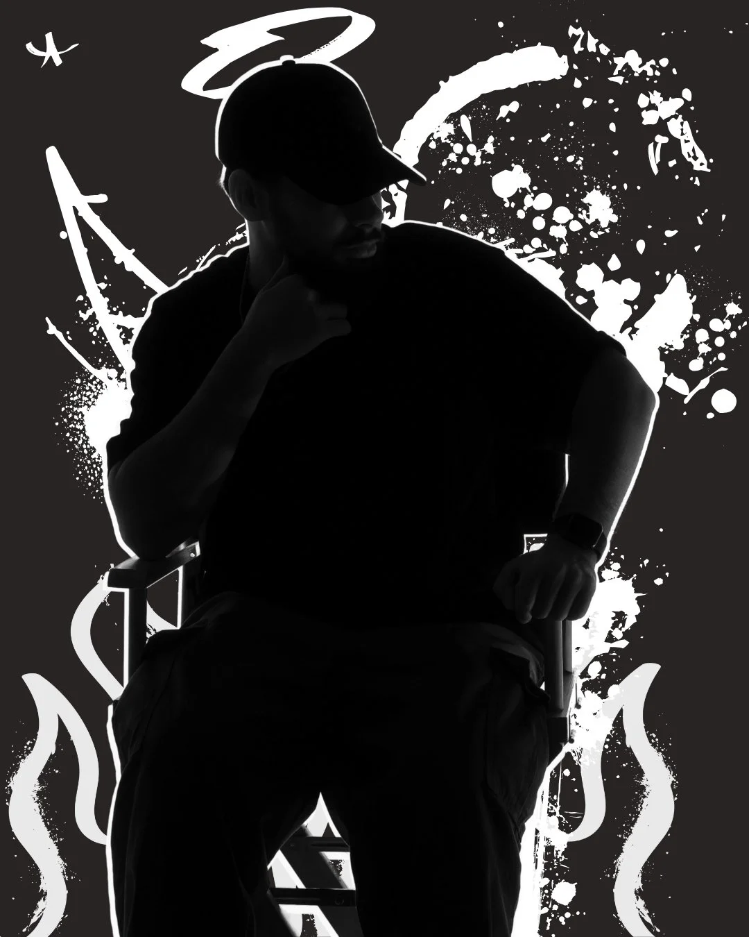 Silhouette of a man sitting in a chair, wearing a cap, with an abstract black and white graffiti background.