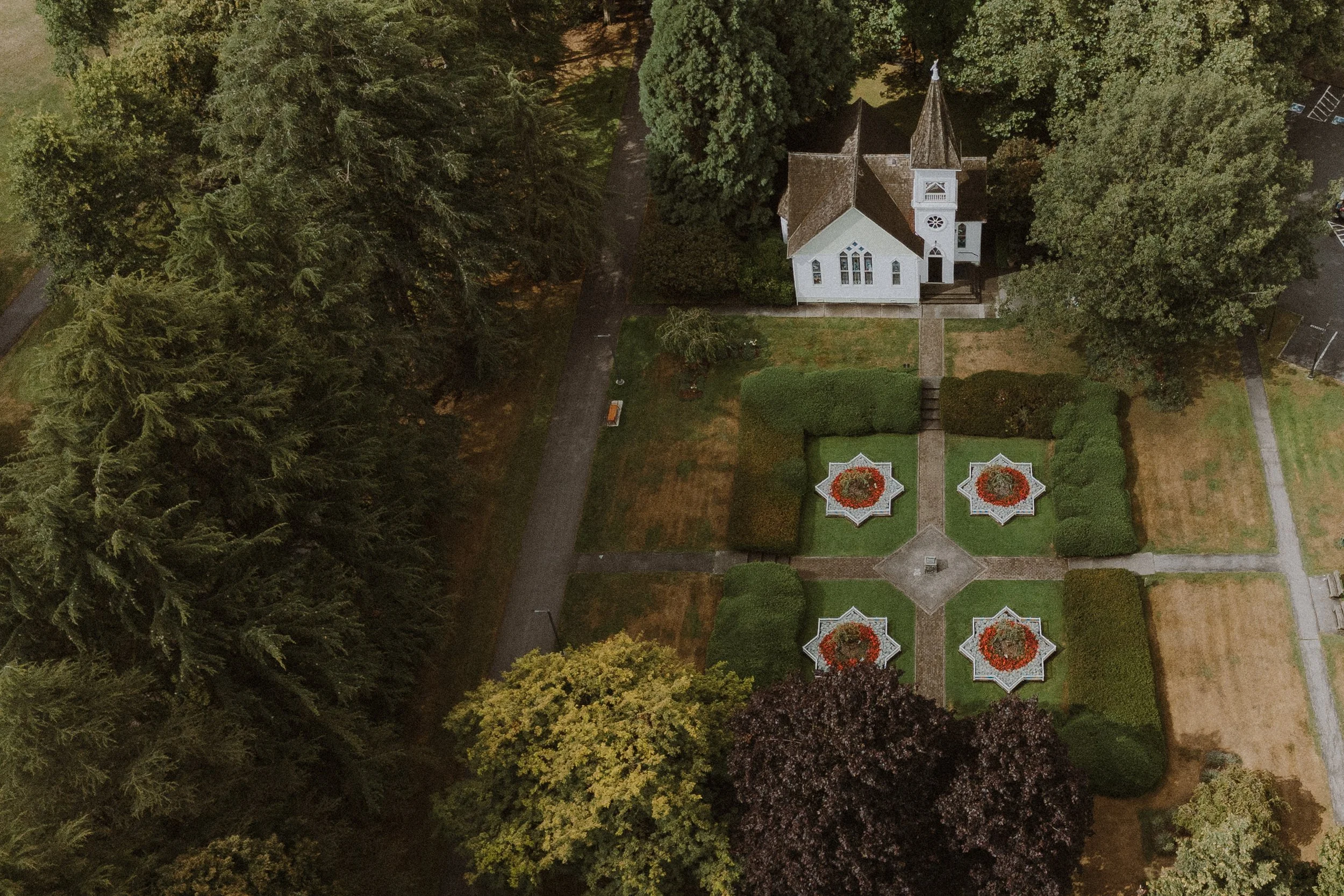  A beautiful aerial view of the historic  Minoru Chapel  grounds and the surrounding park. 