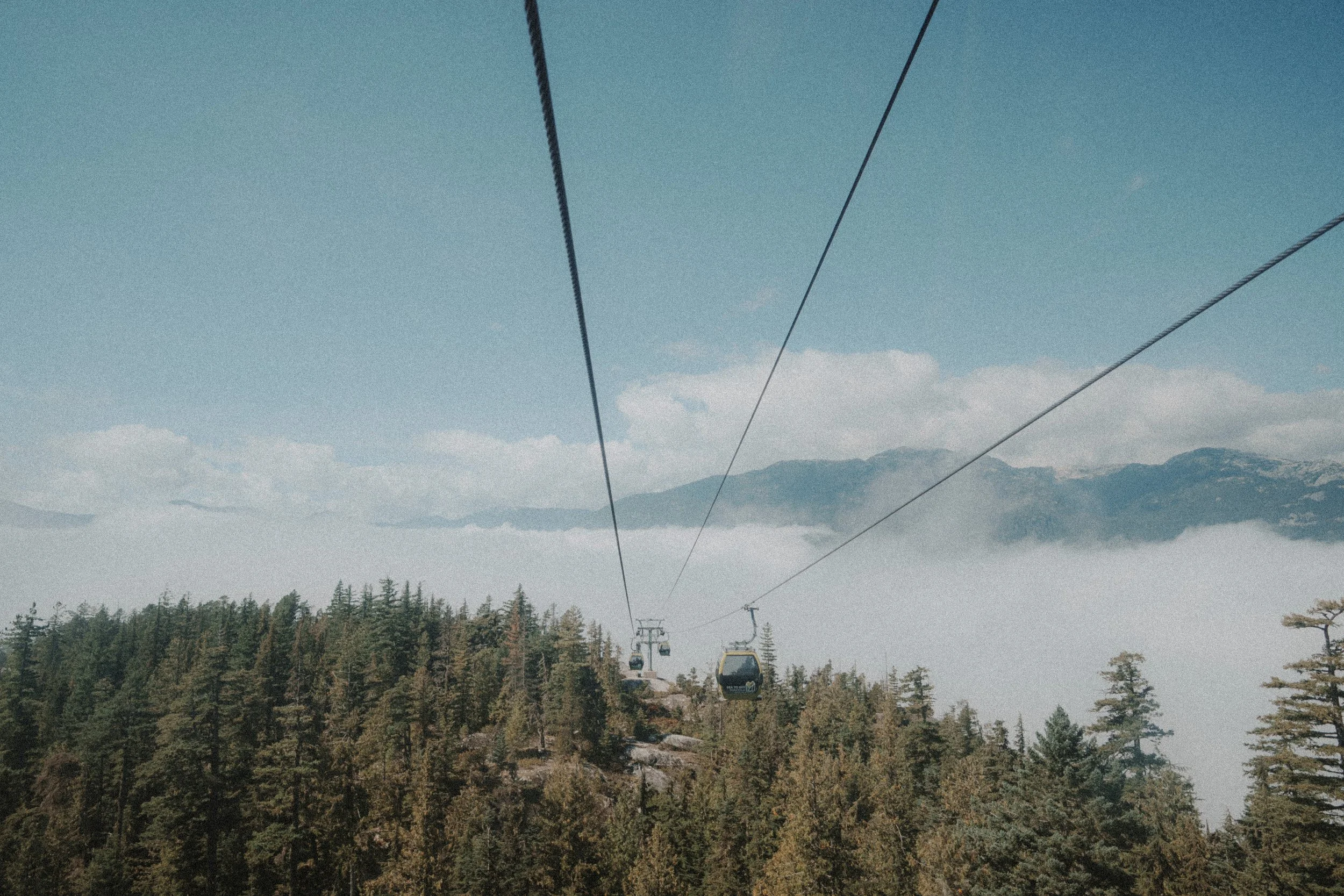 View along the Sea to Sky Gondola cables toward forests and cloud-covered mountains.