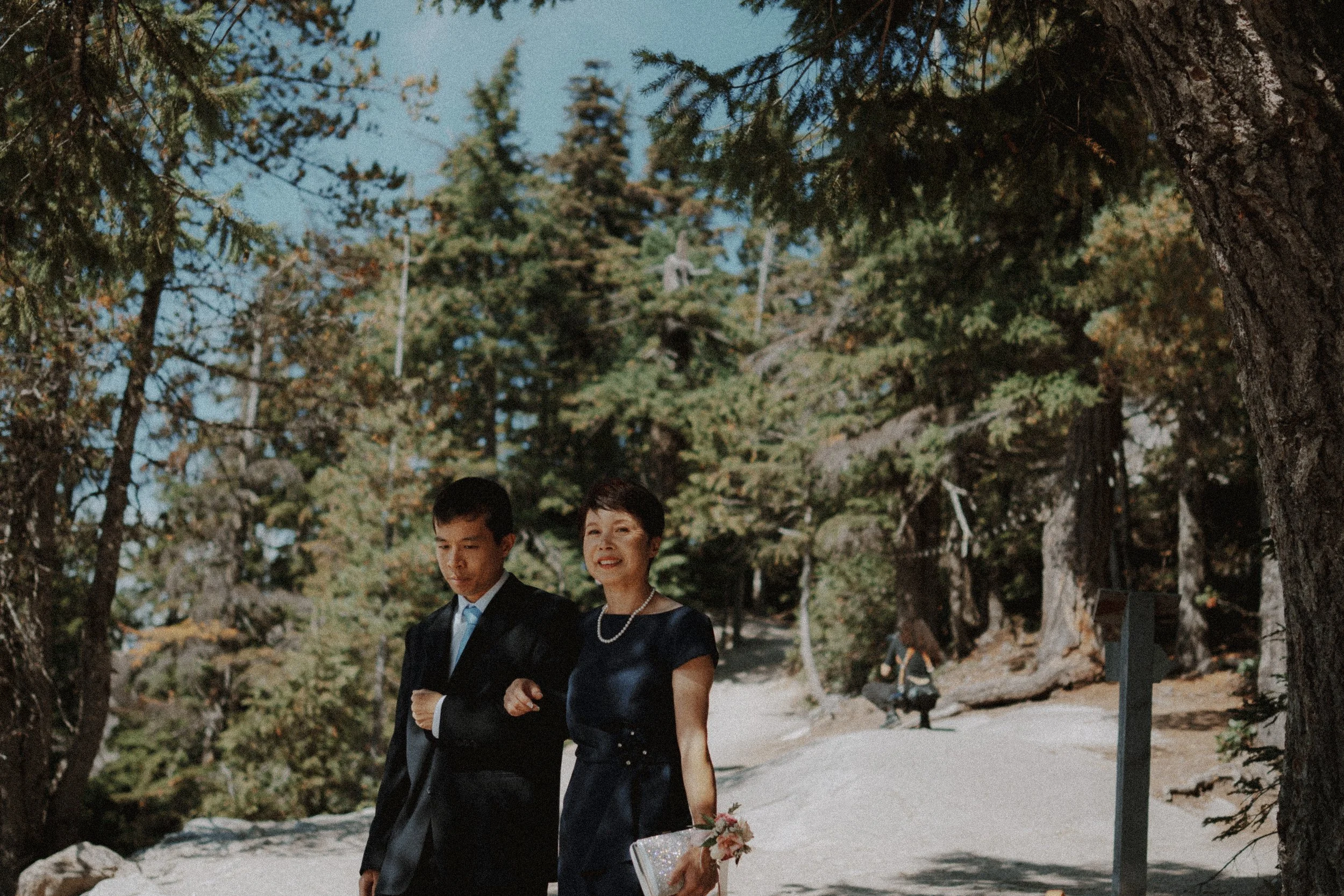 Two guests walking together along a sunlit forest path.