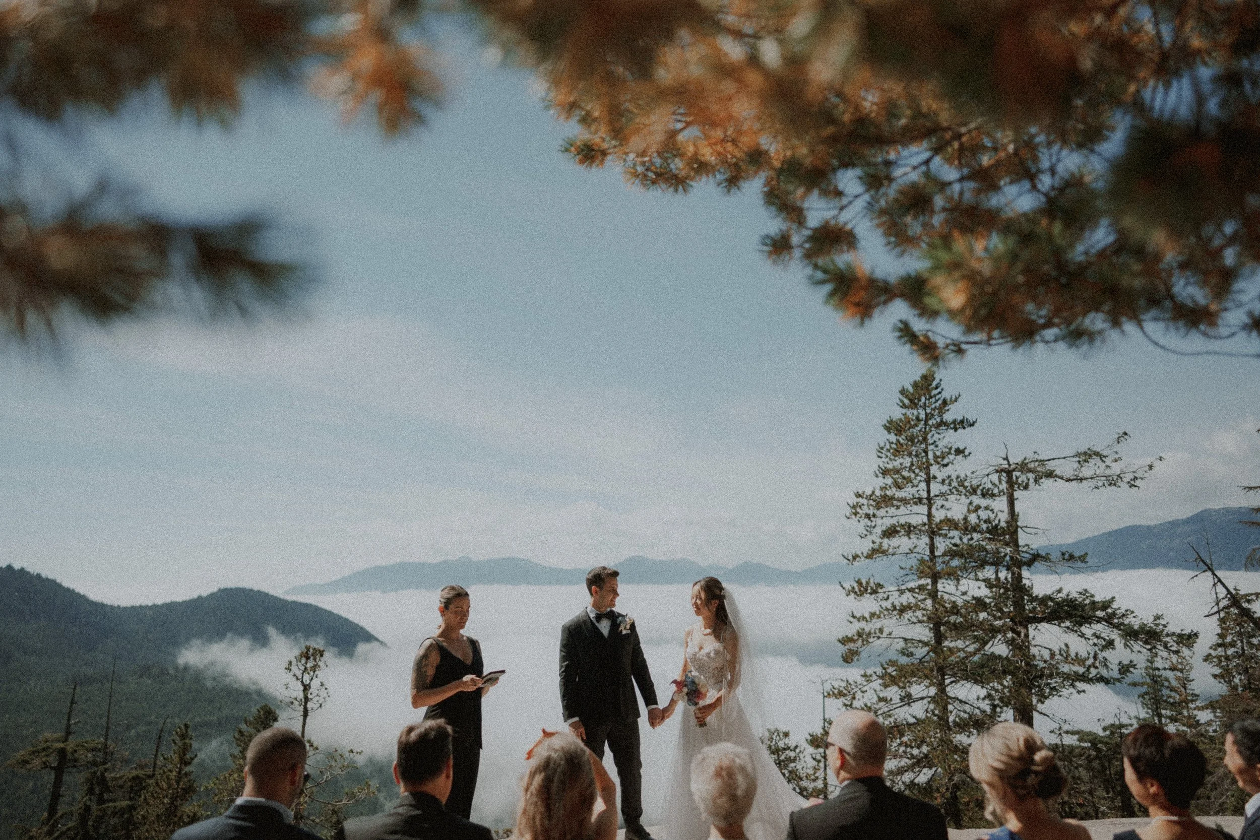 Bride and groom standing before the officiant against the mountain landscape.