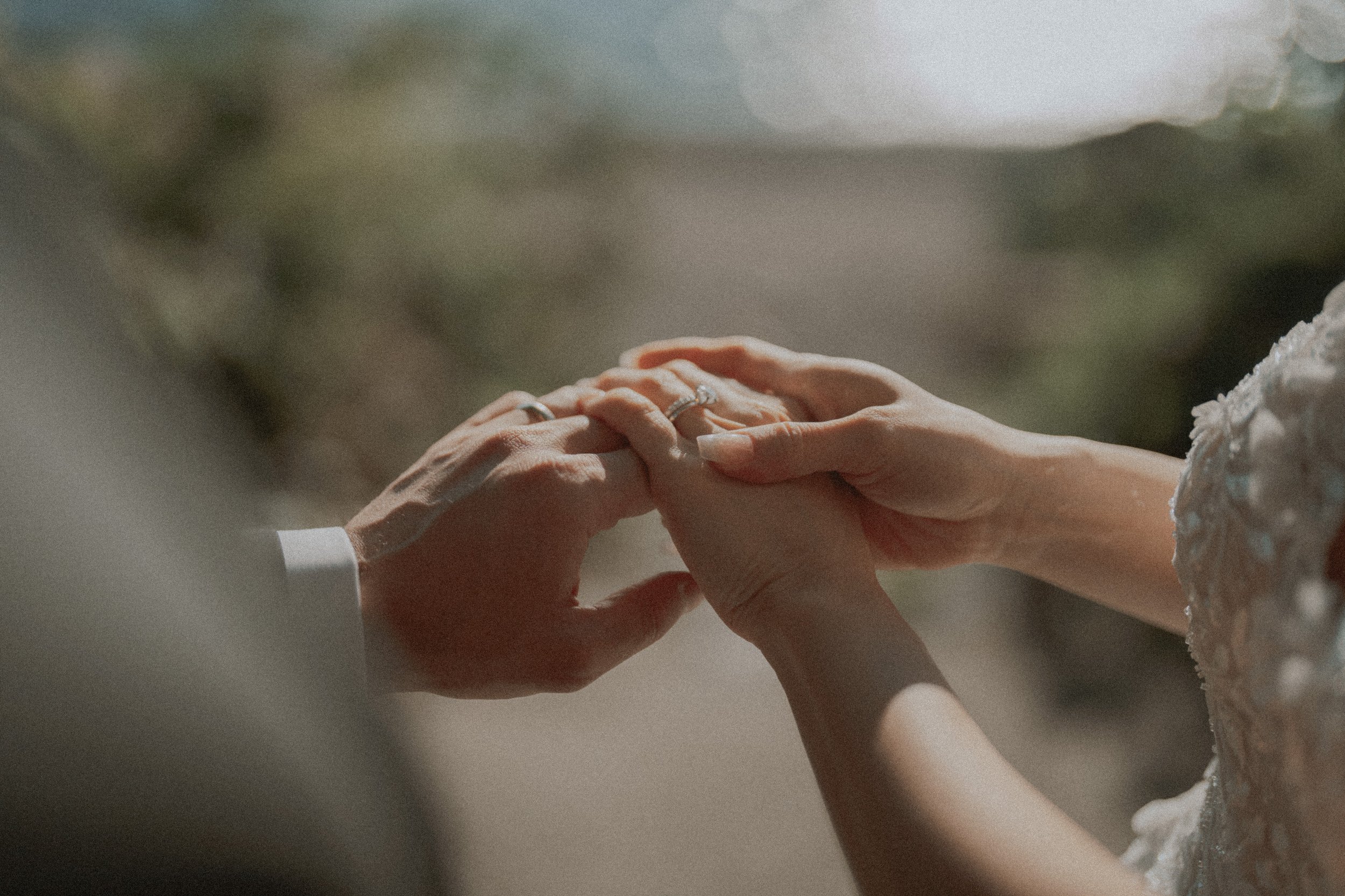 Close-up of the couple's hands and wedding rings in soft sunlight.