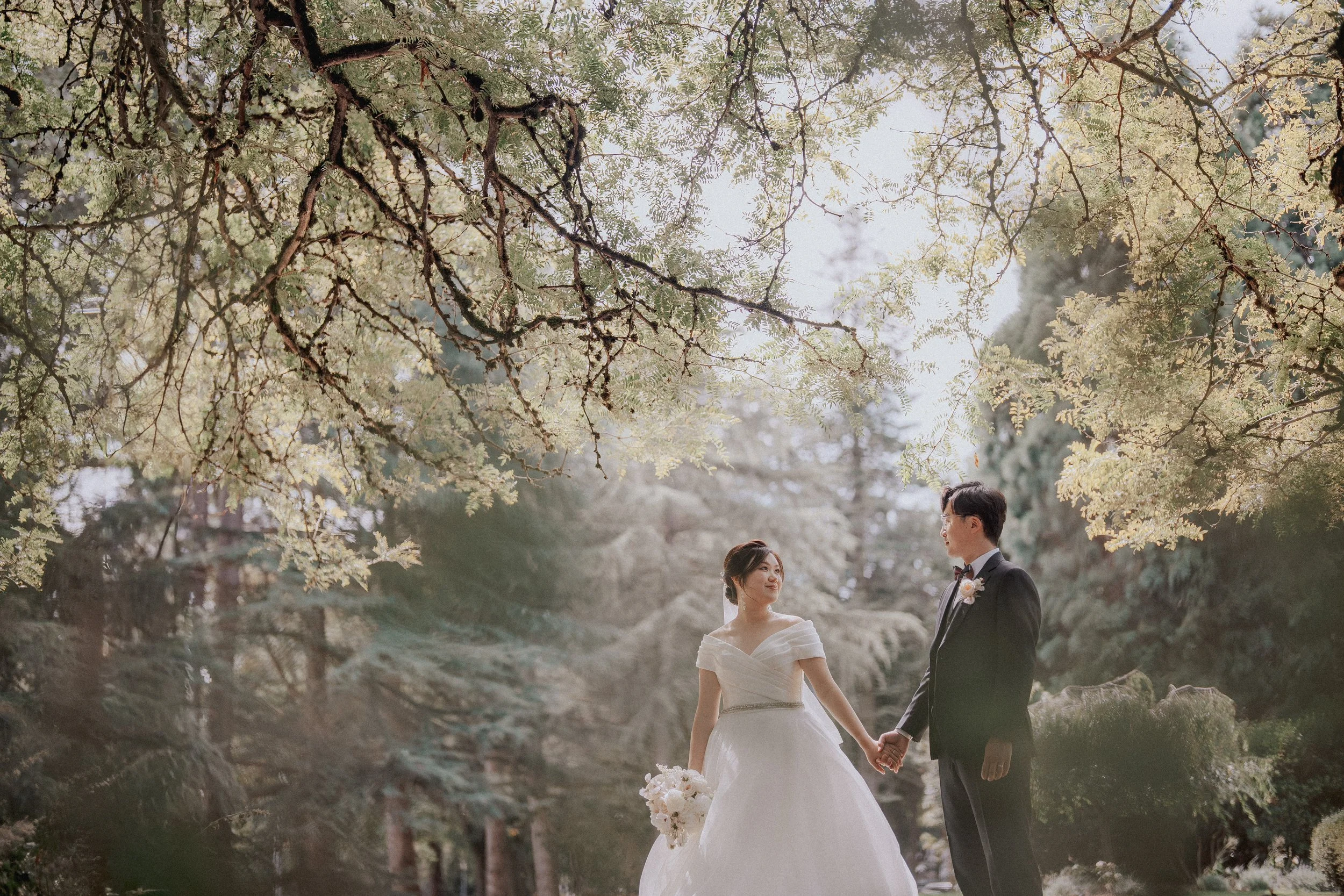 Backlit wedding portrait of the couple beneath green leaves.