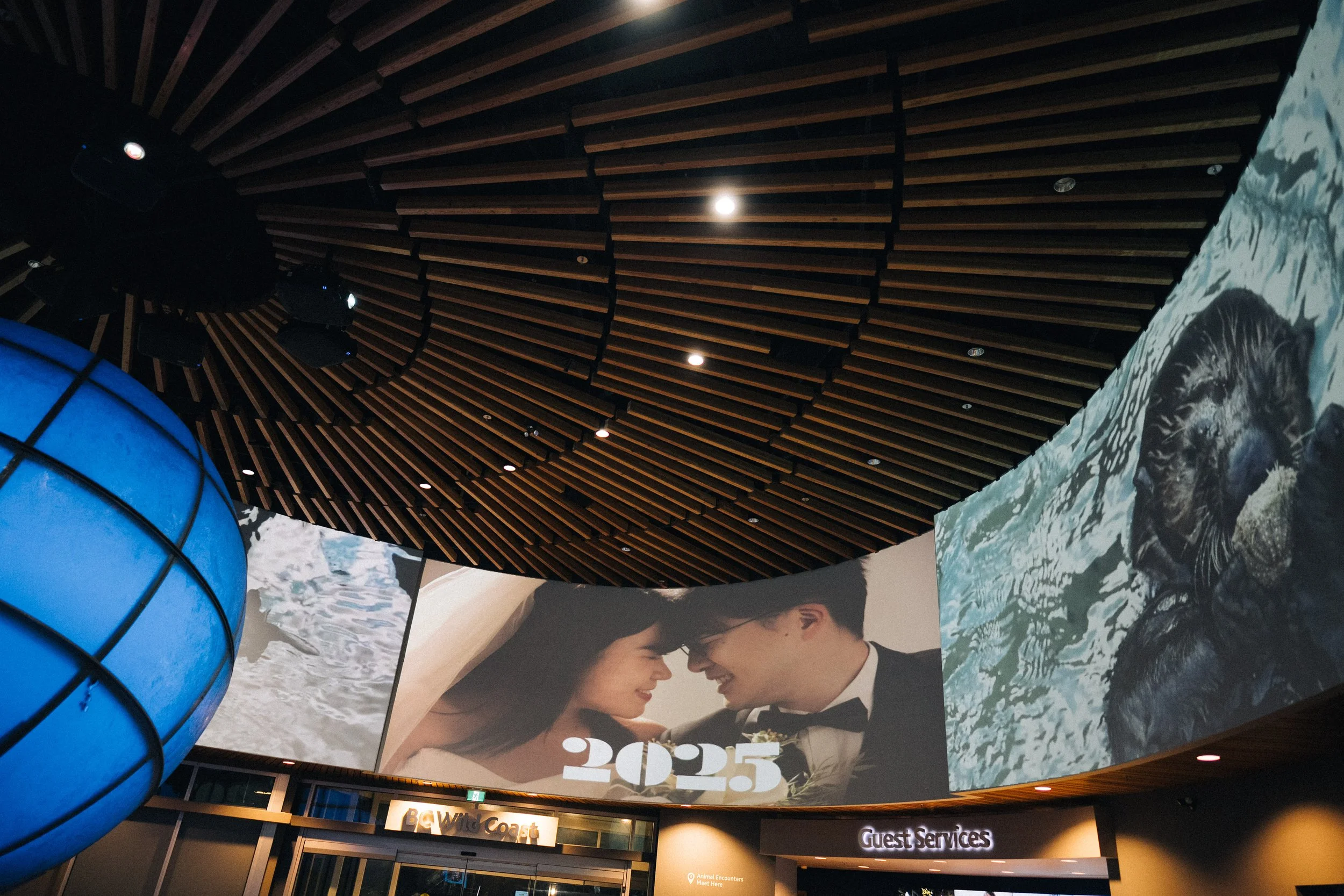  A beautiful detail shot: The couple's photo is projected onto the unique wood-slat dome ceiling. 