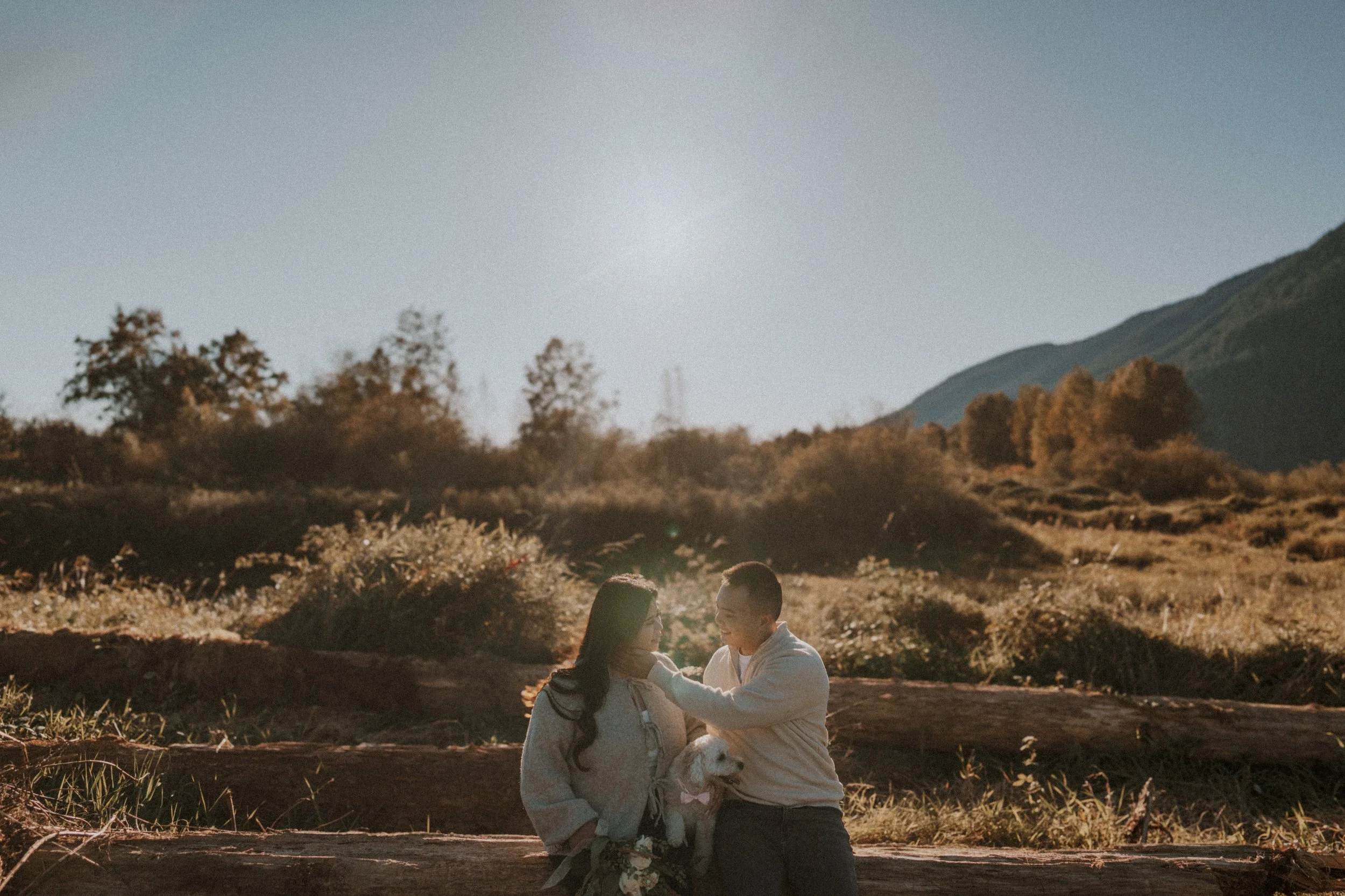  The couple and their dog share a loving moment on the bench, with warm light surrounding them. 