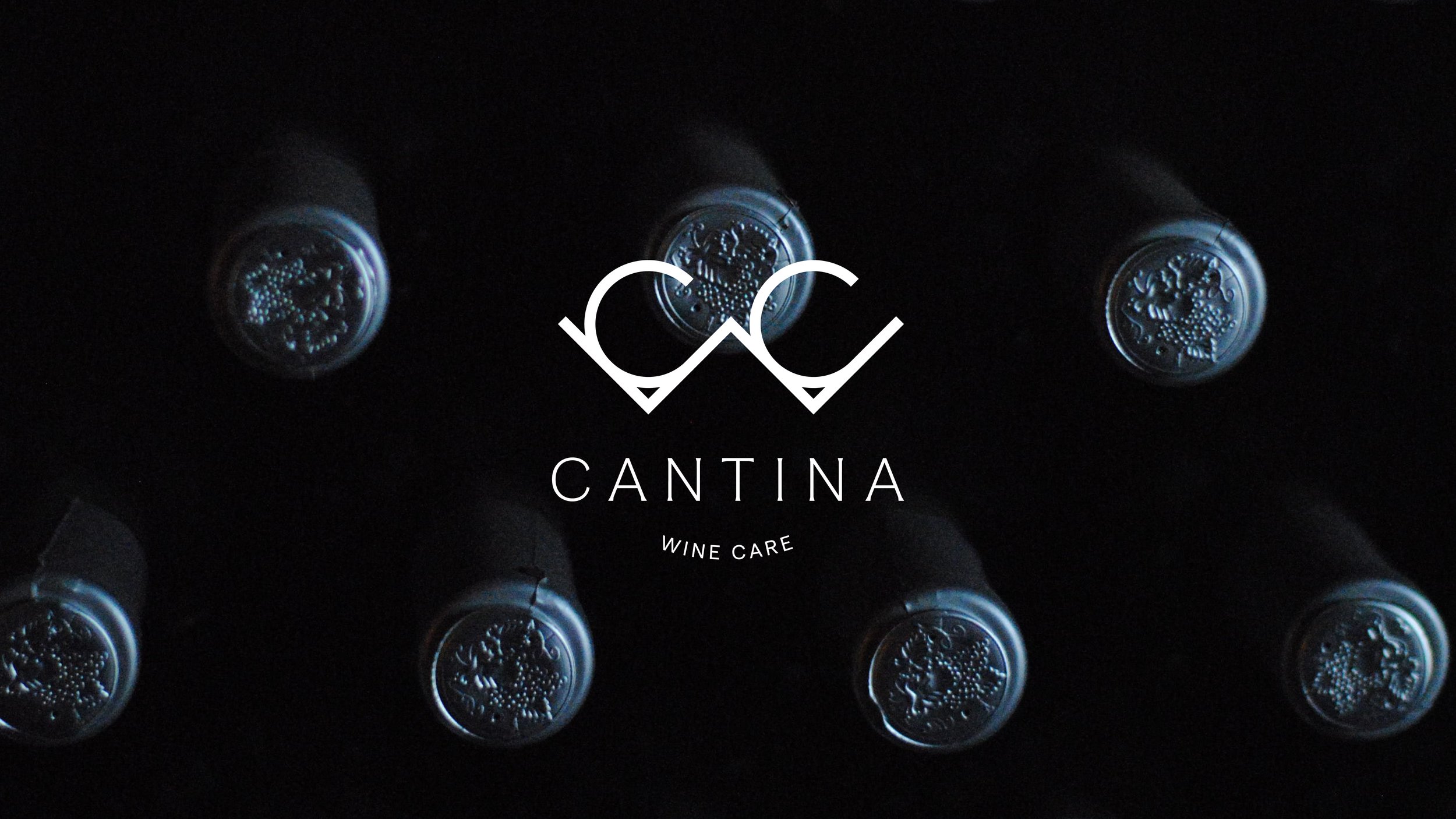 Top view of six wine bottles, arranged in two rows, with a logo and text overlay reading 'Cantina' and 'Wine Care' in the center.